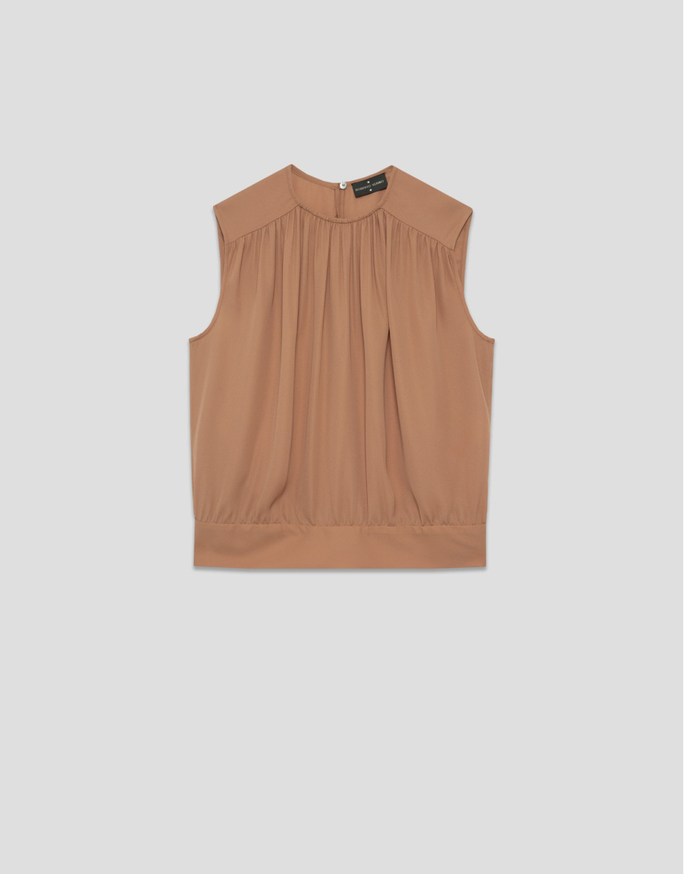 Sleeveless puffed blouse in camel crepe - Woman | Roberto Verino