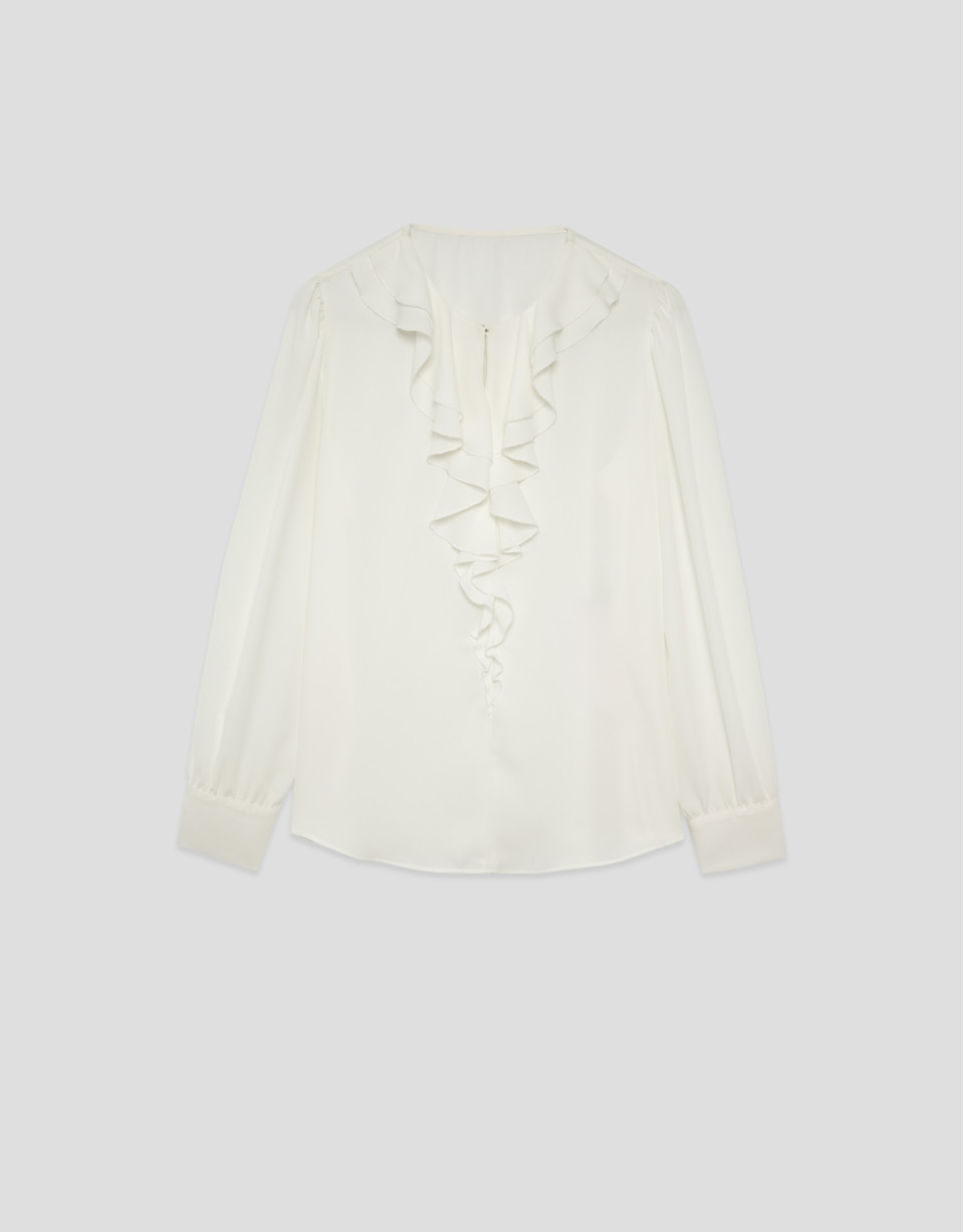 Ecru long-sleeved blouse with ruffle - Woman | Roberto Verino