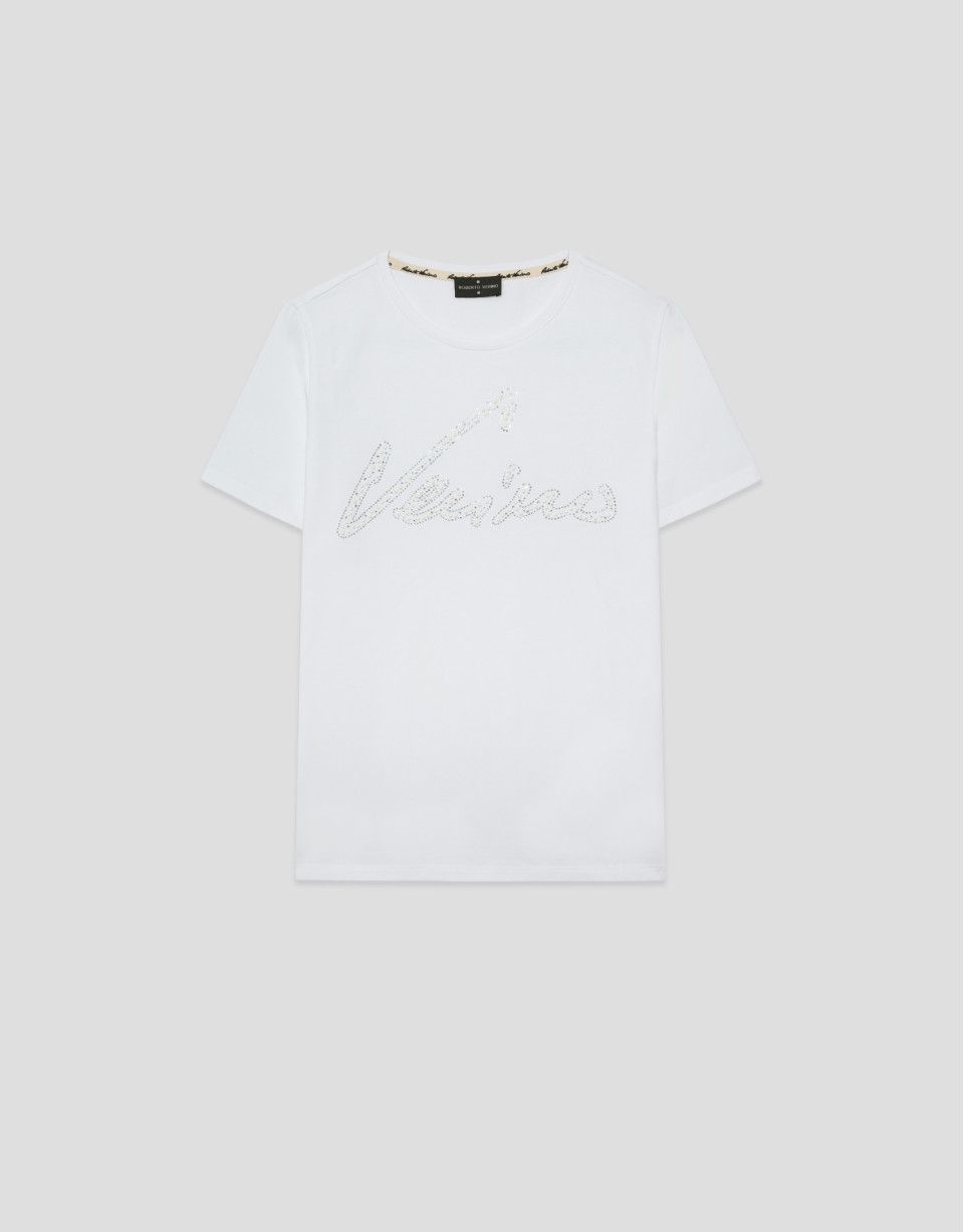 Camiseta manga corta blanca con aplicaciones ... | Roberto Verino