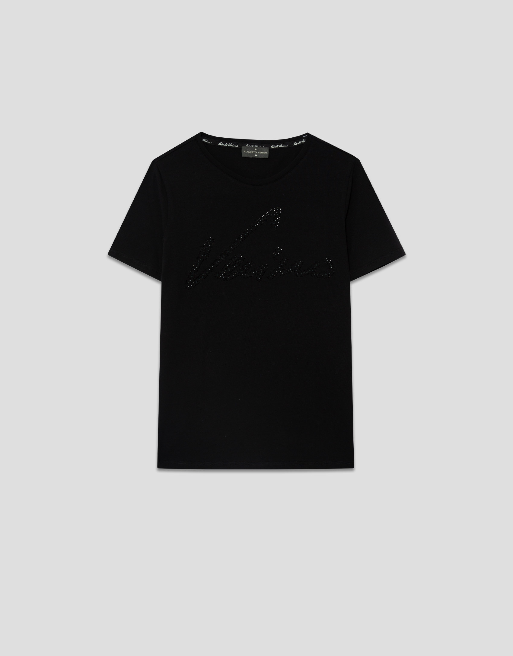 Camiseta manga corta negra con aplicaciones ... | Roberto Verino