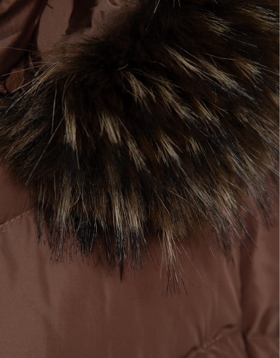 Long brown down jacket with removable hood ... | Roberto Verino