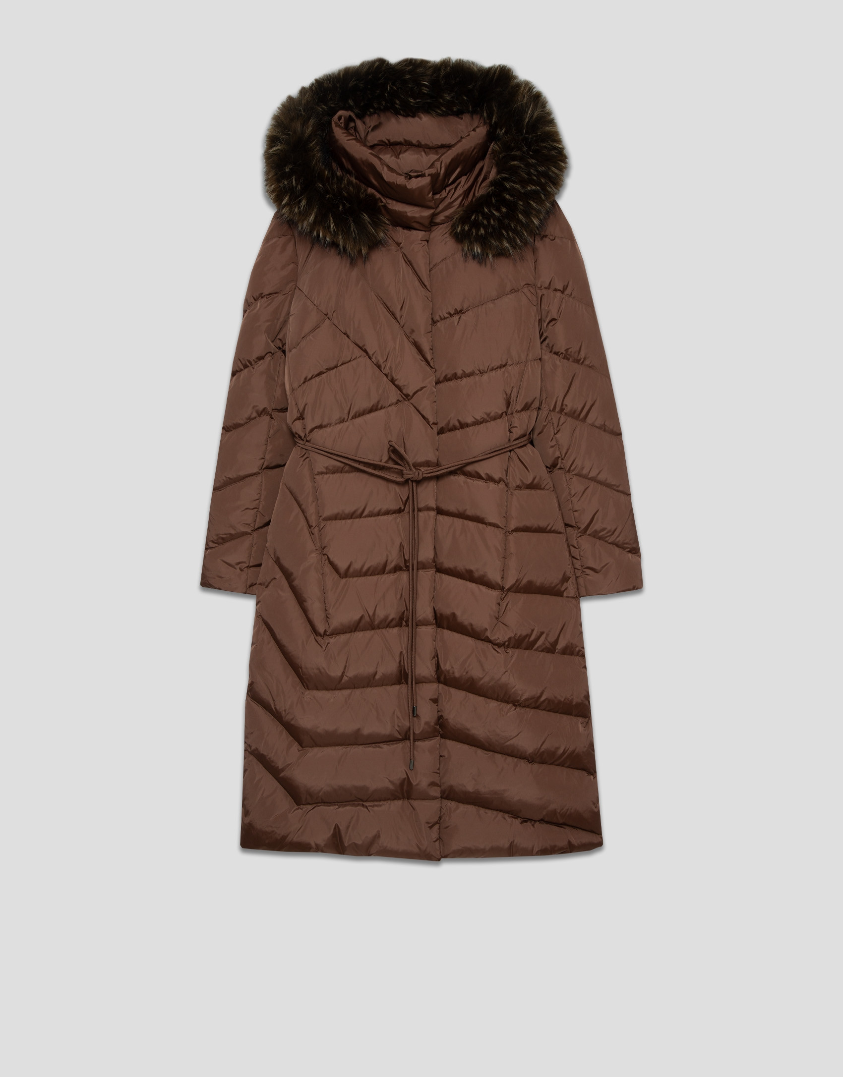 Long brown down jacket with removable hood ... | Roberto Verino