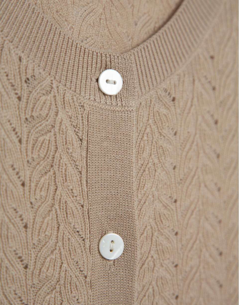 Beige openwork herringbone wool knit jacket | Roberto Verino