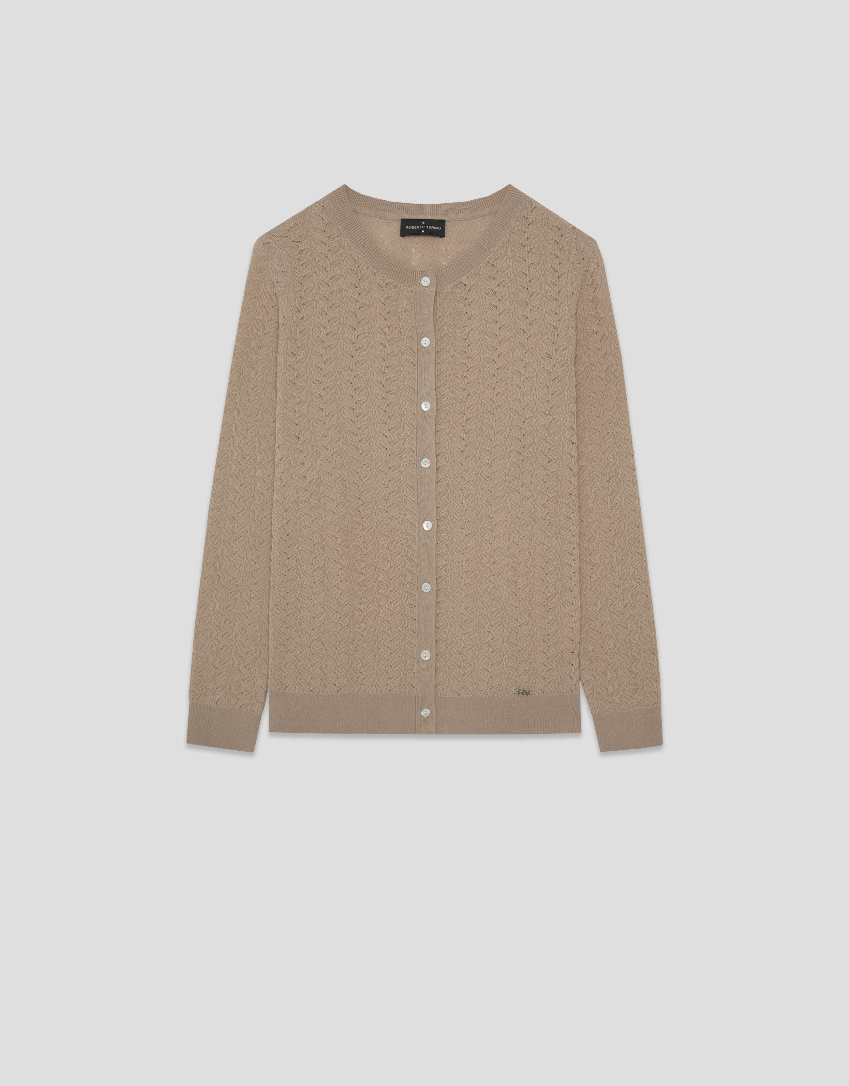 Beige openwork herringbone wool knit jacket | Roberto Verino