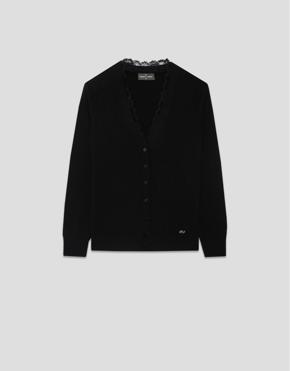 Fine knit jacket with V-neck and lace - Woman | Roberto Verino