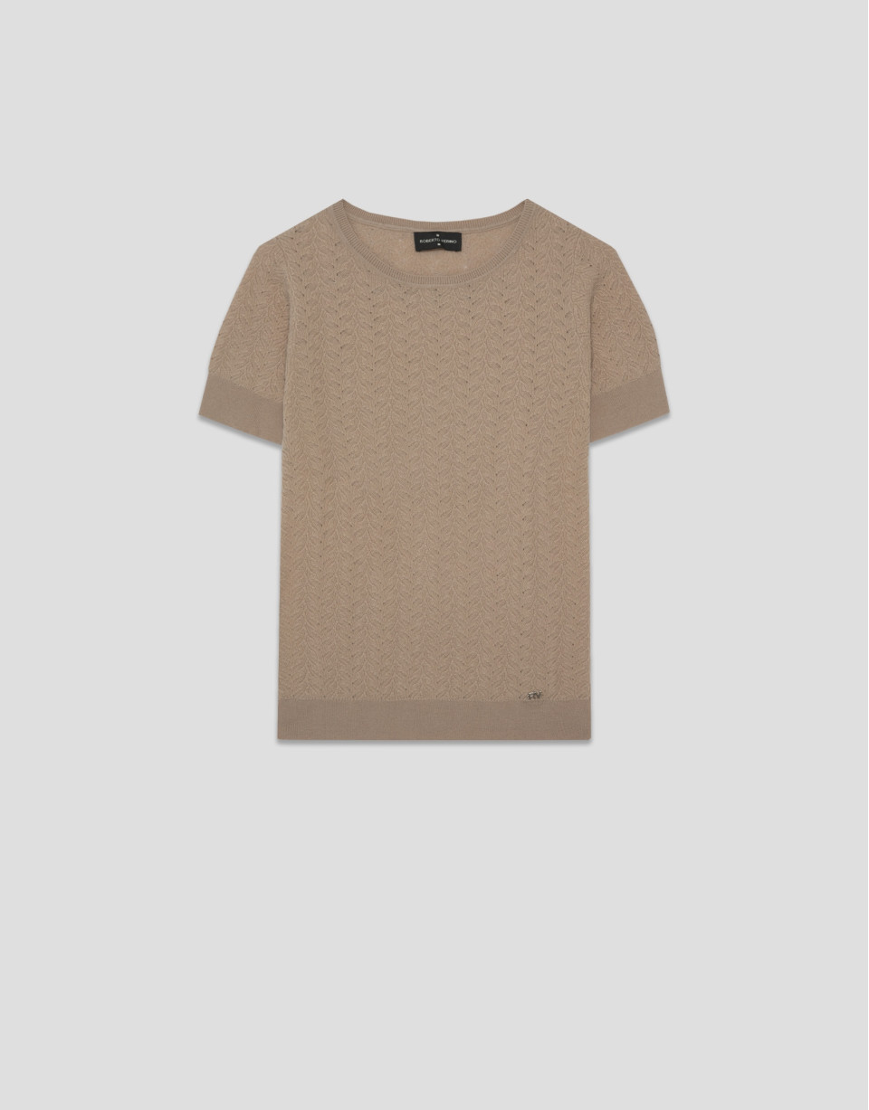 Beige openwork herringbone wool knit ... | Roberto Verino