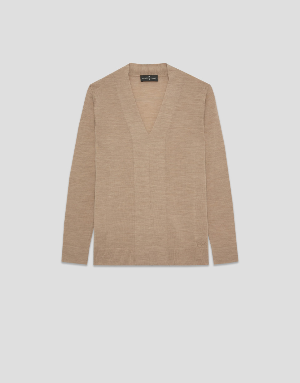 Jersey escote pico lana galga fina beige | Roberto Verino
