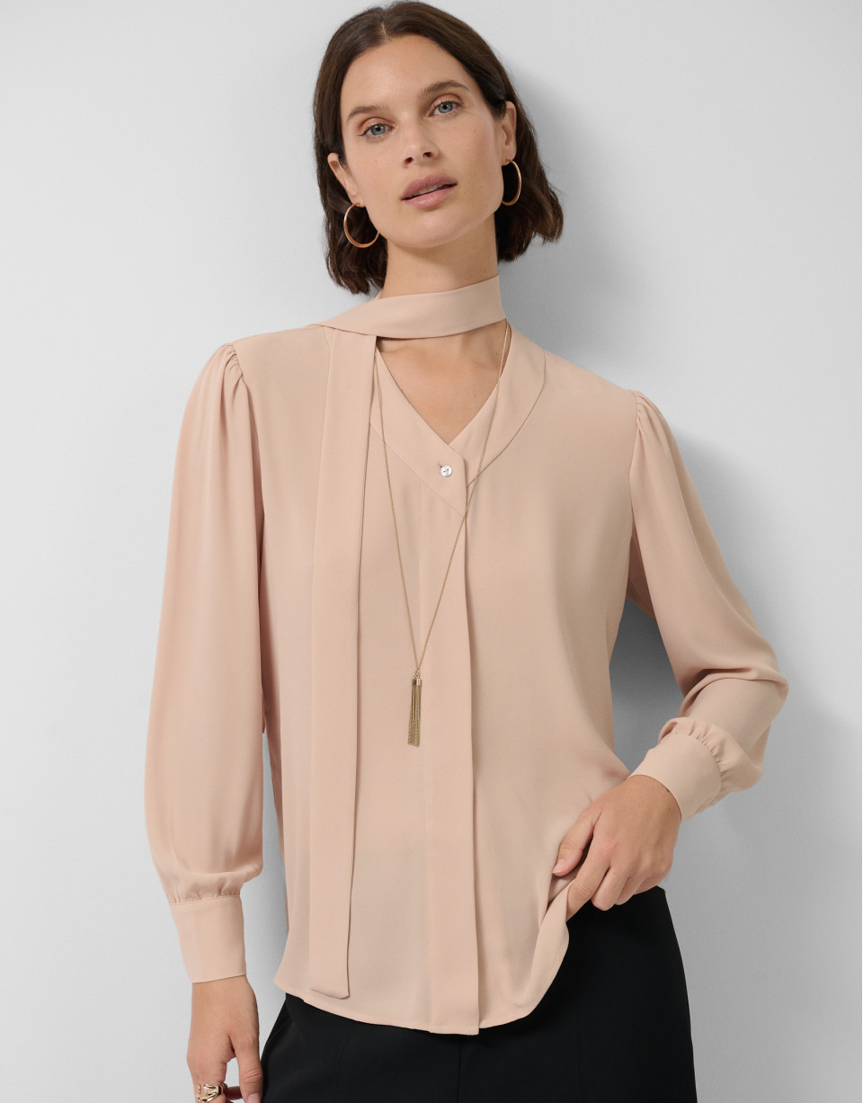 Beige oversized bow-neck blouse - Woman | Roberto Verino