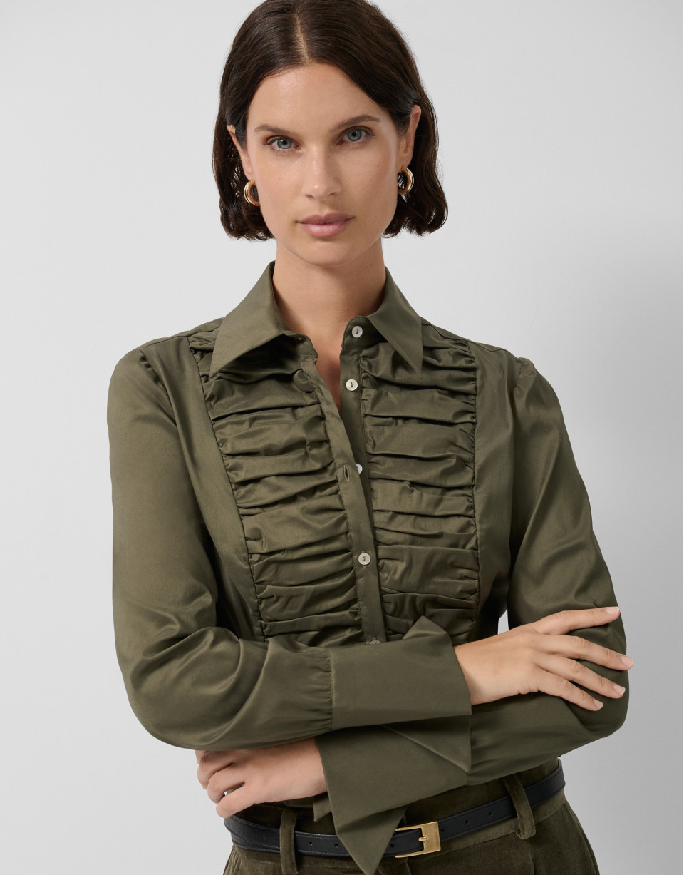 Camisa con pechera drapeada verde oscuro | Roberto Verino