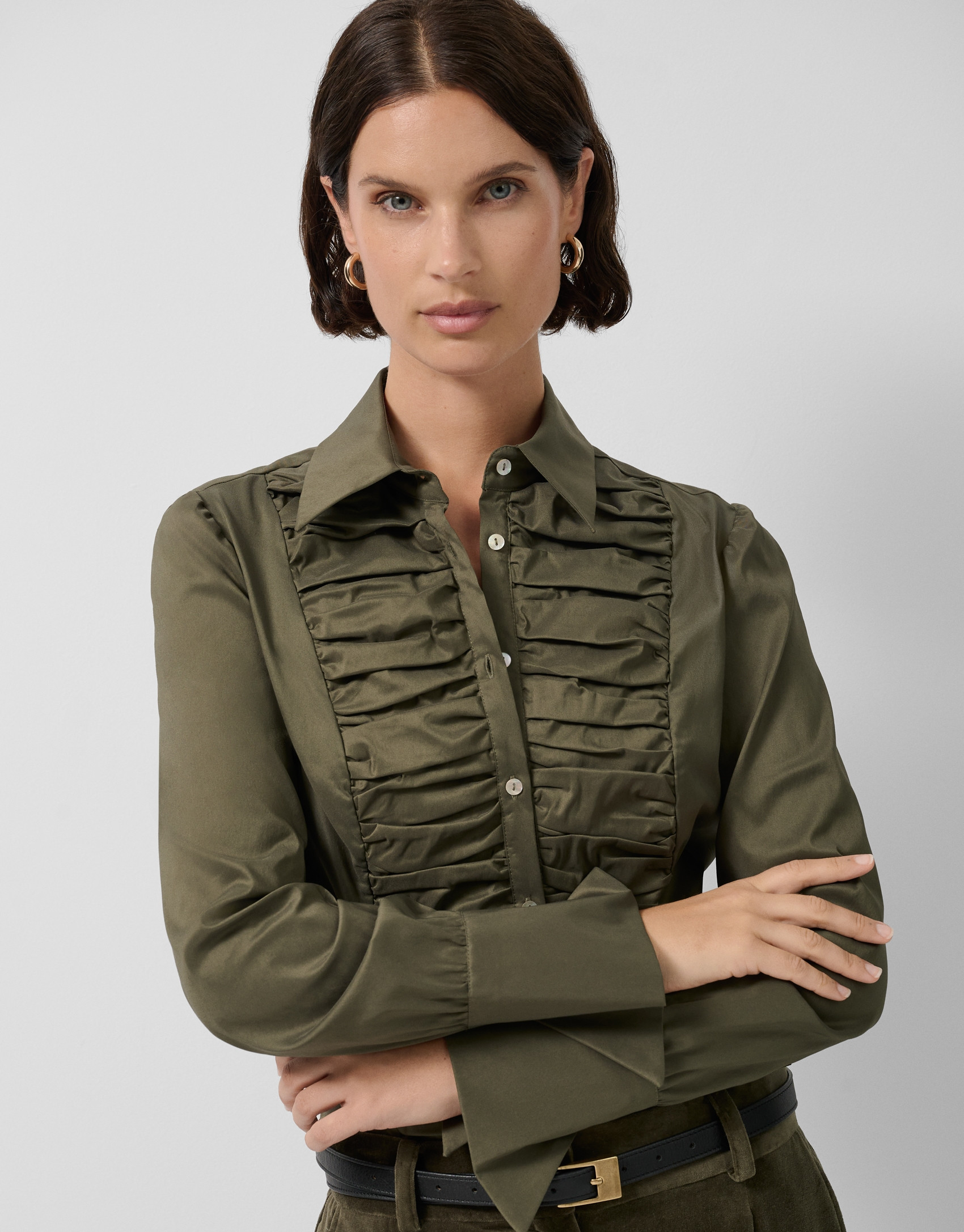 Camisa con pechera drapeada verde oscuro | Roberto Verino