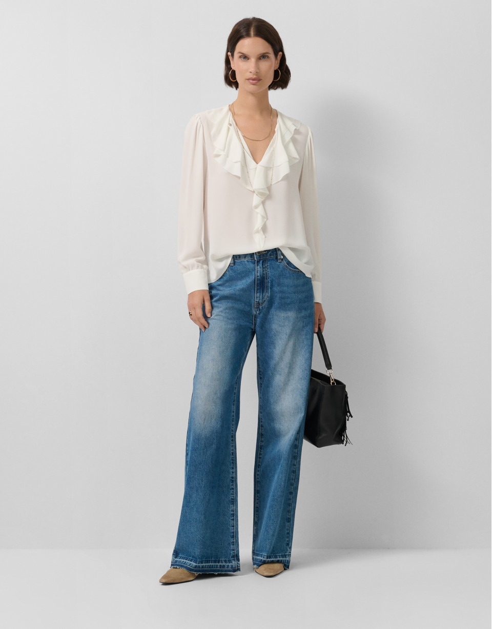 Blusa manga larga crudo con volante - Mujer | Roberto Verino