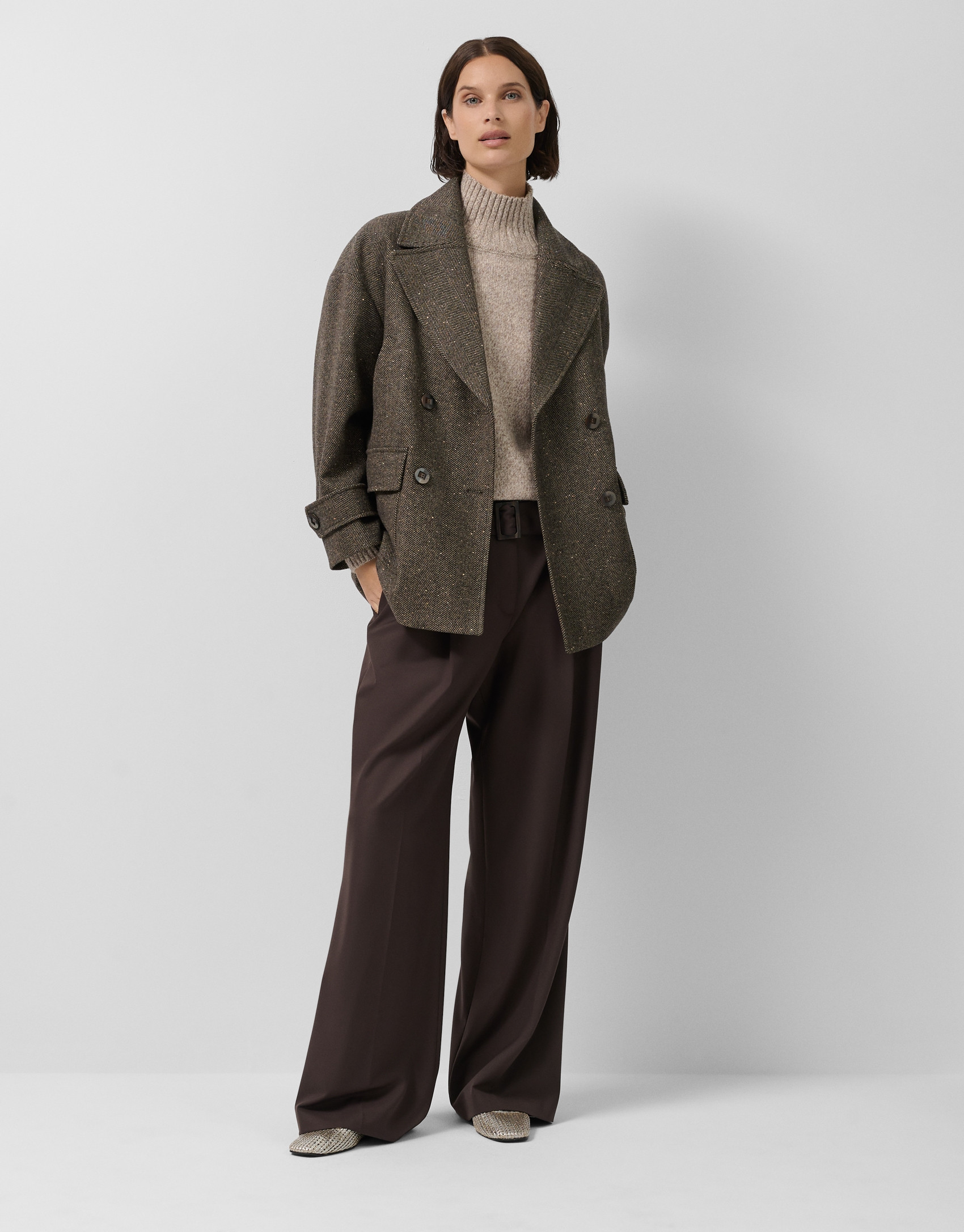 Brown herringbone three-quarter length ... | Roberto Verino