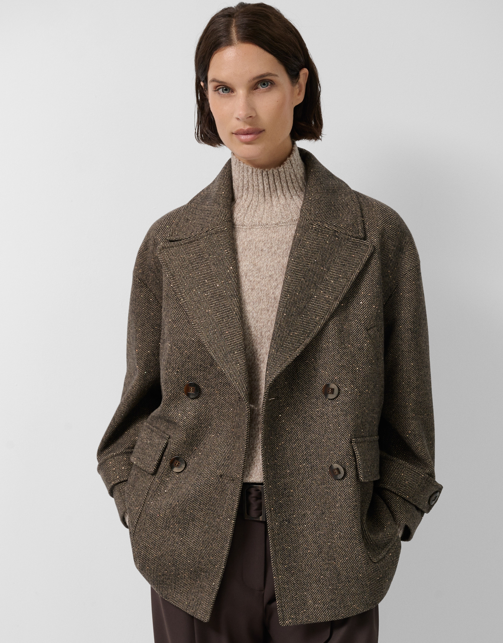 Brown herringbone three-quarter length ... | Roberto Verino