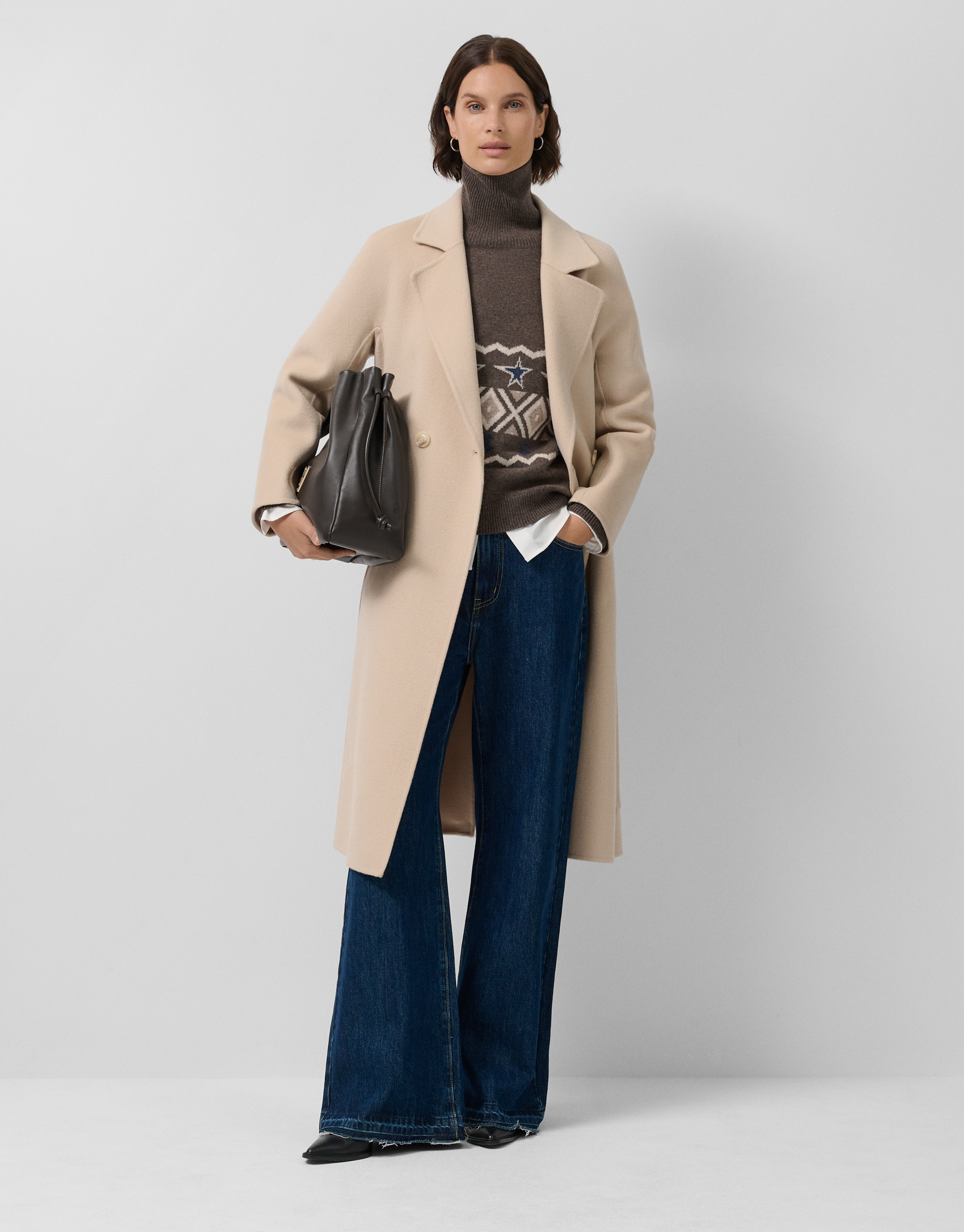 Beige double-sided oversized long coat - Woman | Roberto Verino