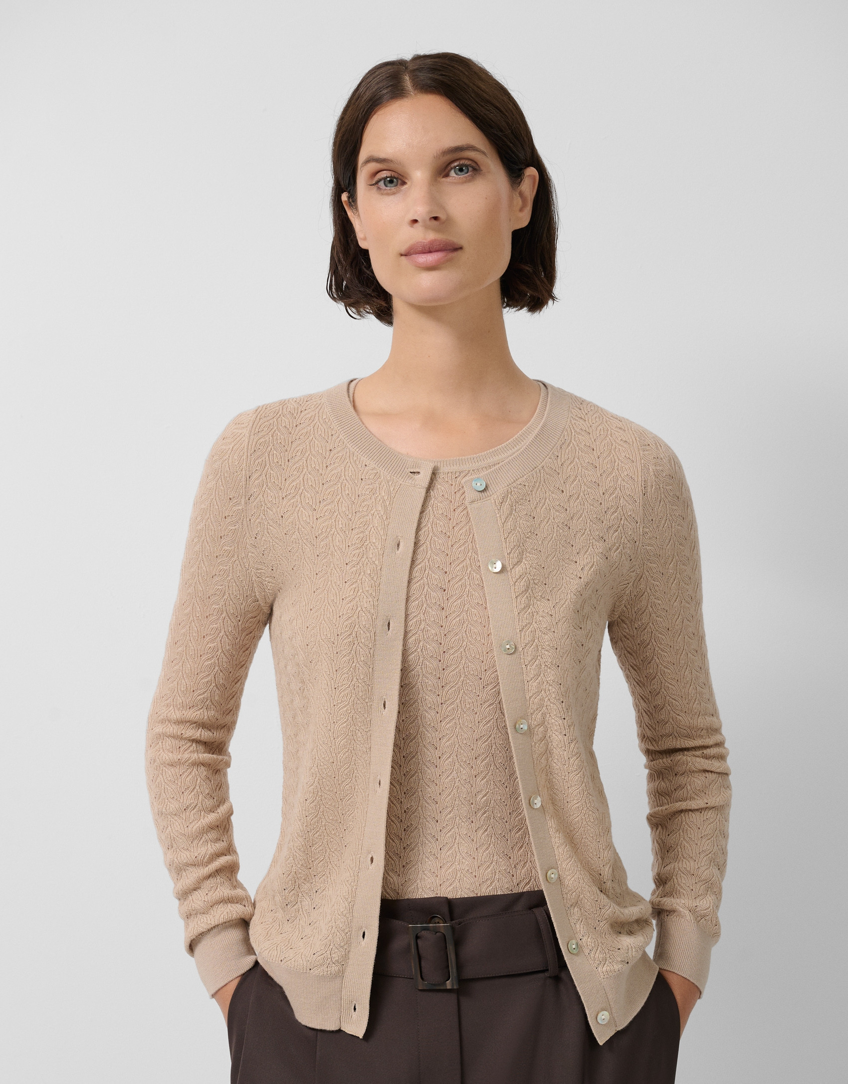 Beige openwork herringbone wool knit jacket | Roberto Verino
