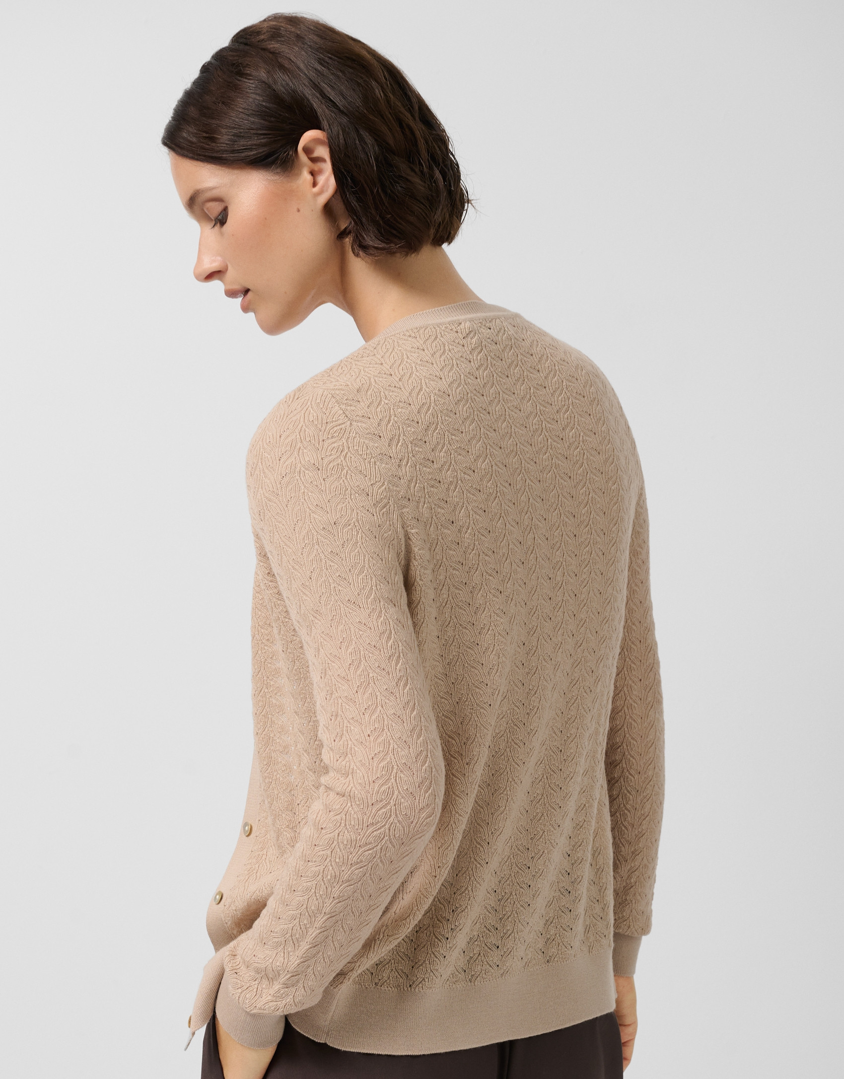 Beige openwork herringbone wool knit jacket | Roberto Verino