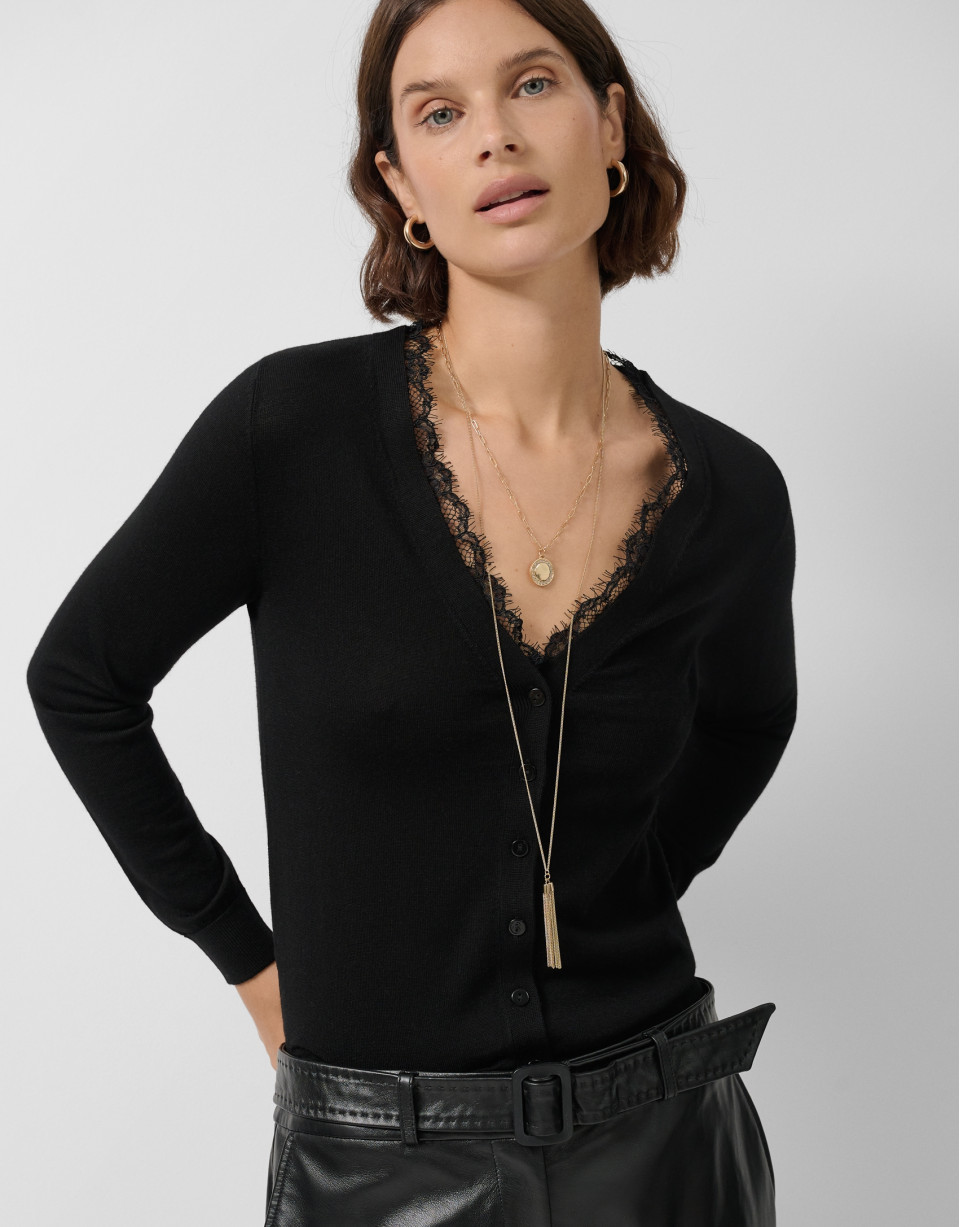 Chaqueta punto fino escote pico y encaje | Roberto Verino