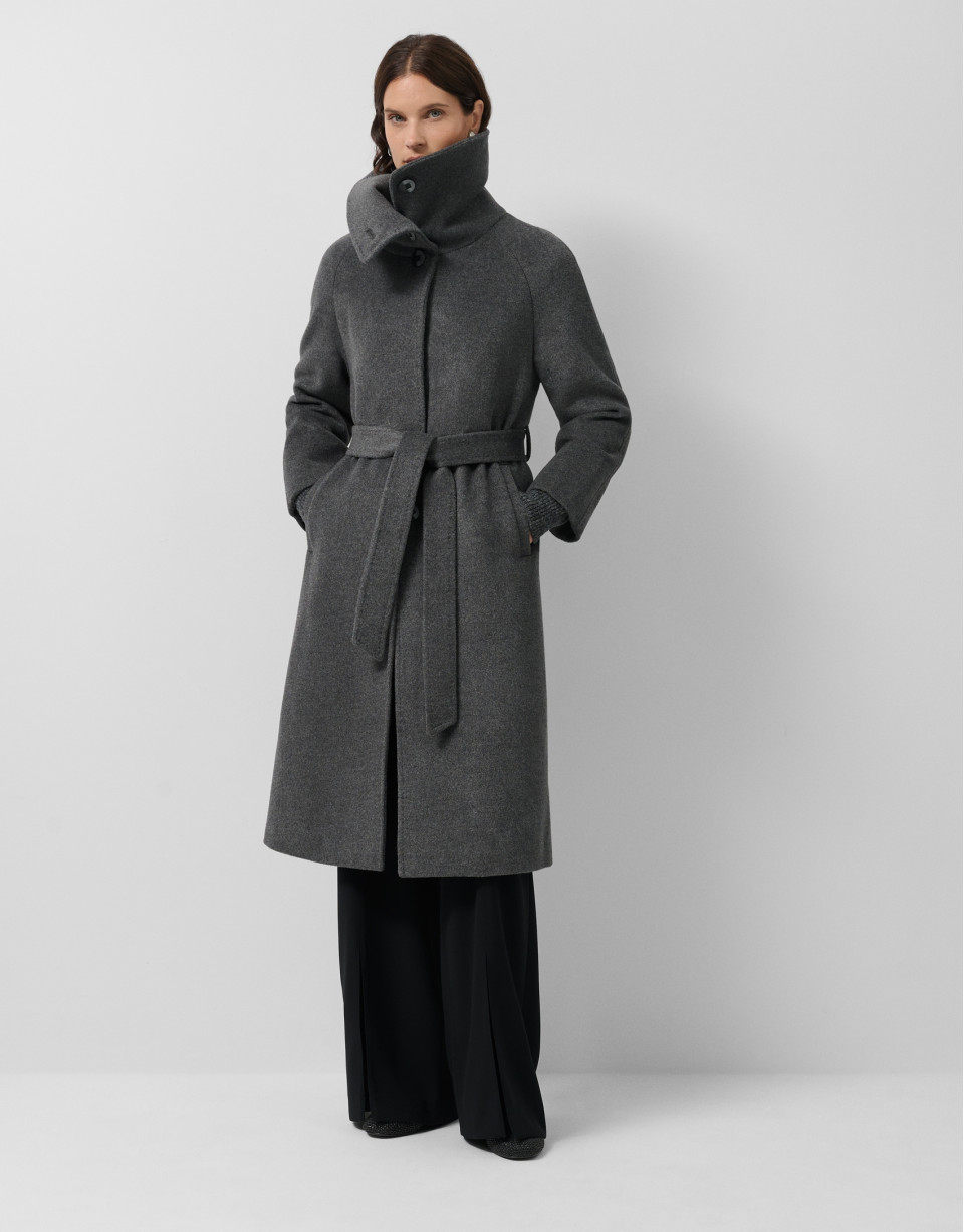 Long coat with a wraparound collar and grey wool | Roberto Verino