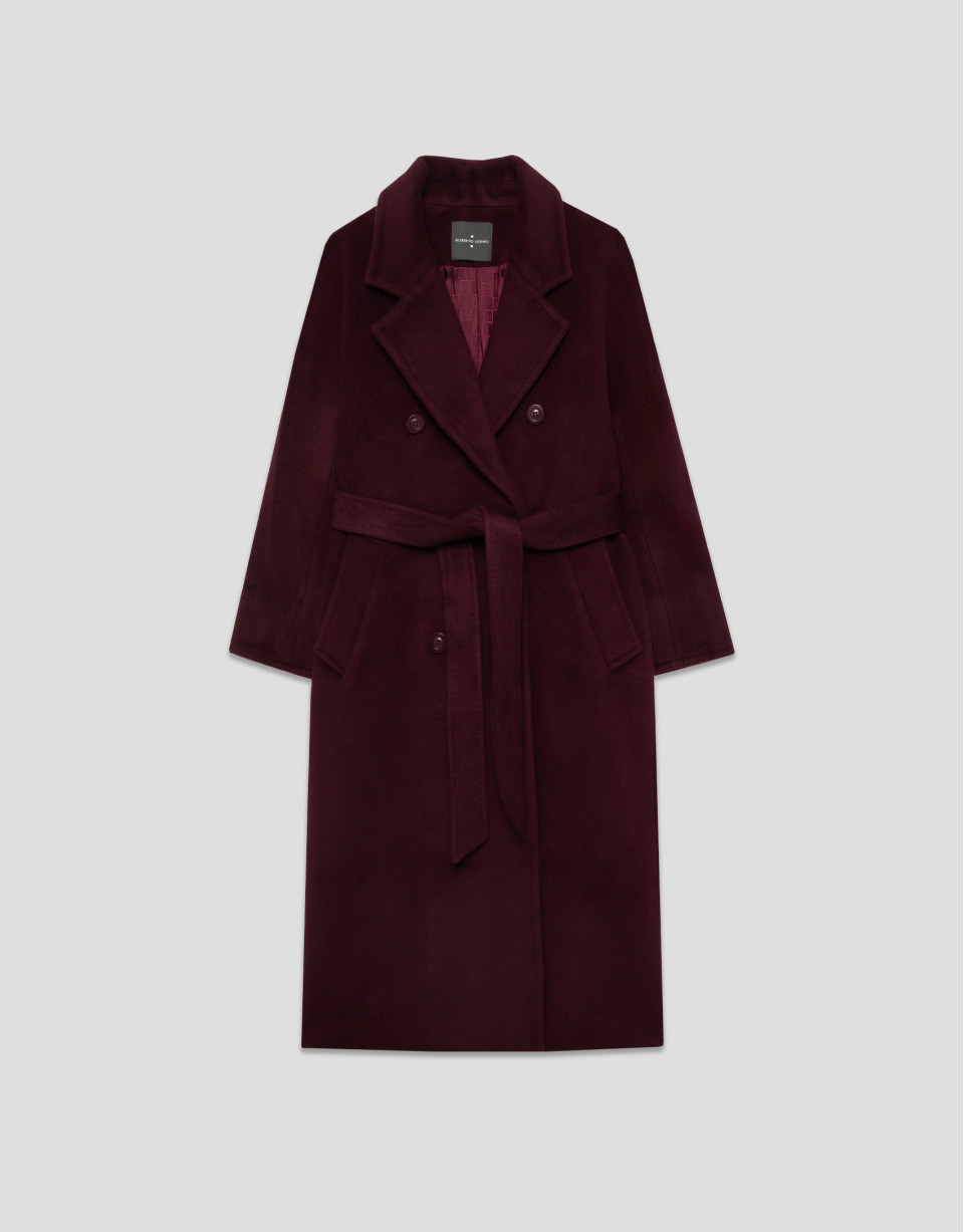Long aubergine-coloured double-breasted coat | Roberto Verino