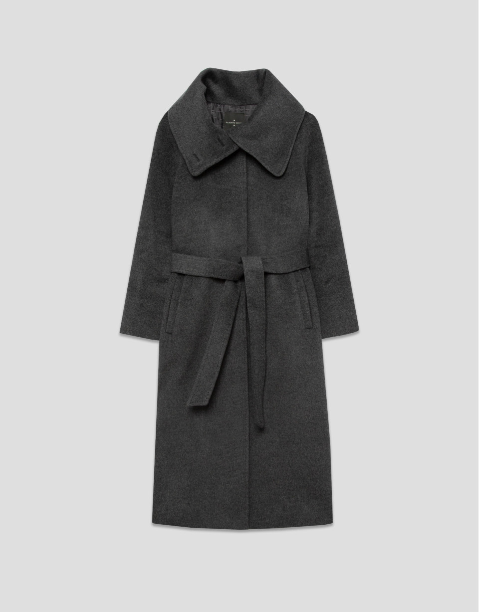 Long coat with a wraparound collar and grey wool | Roberto Verino