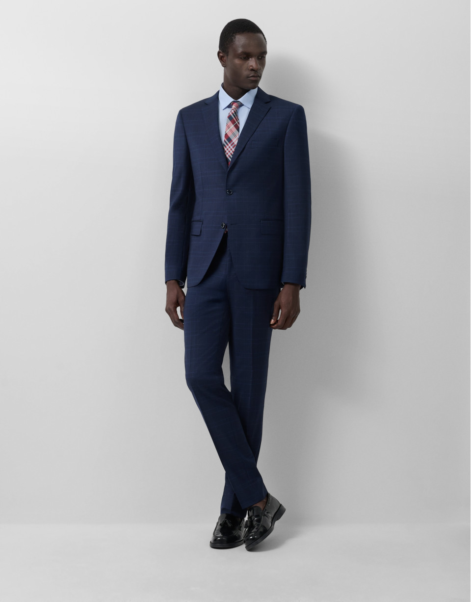 Half canvas slim fit suit in navy blue check | Roberto Verino