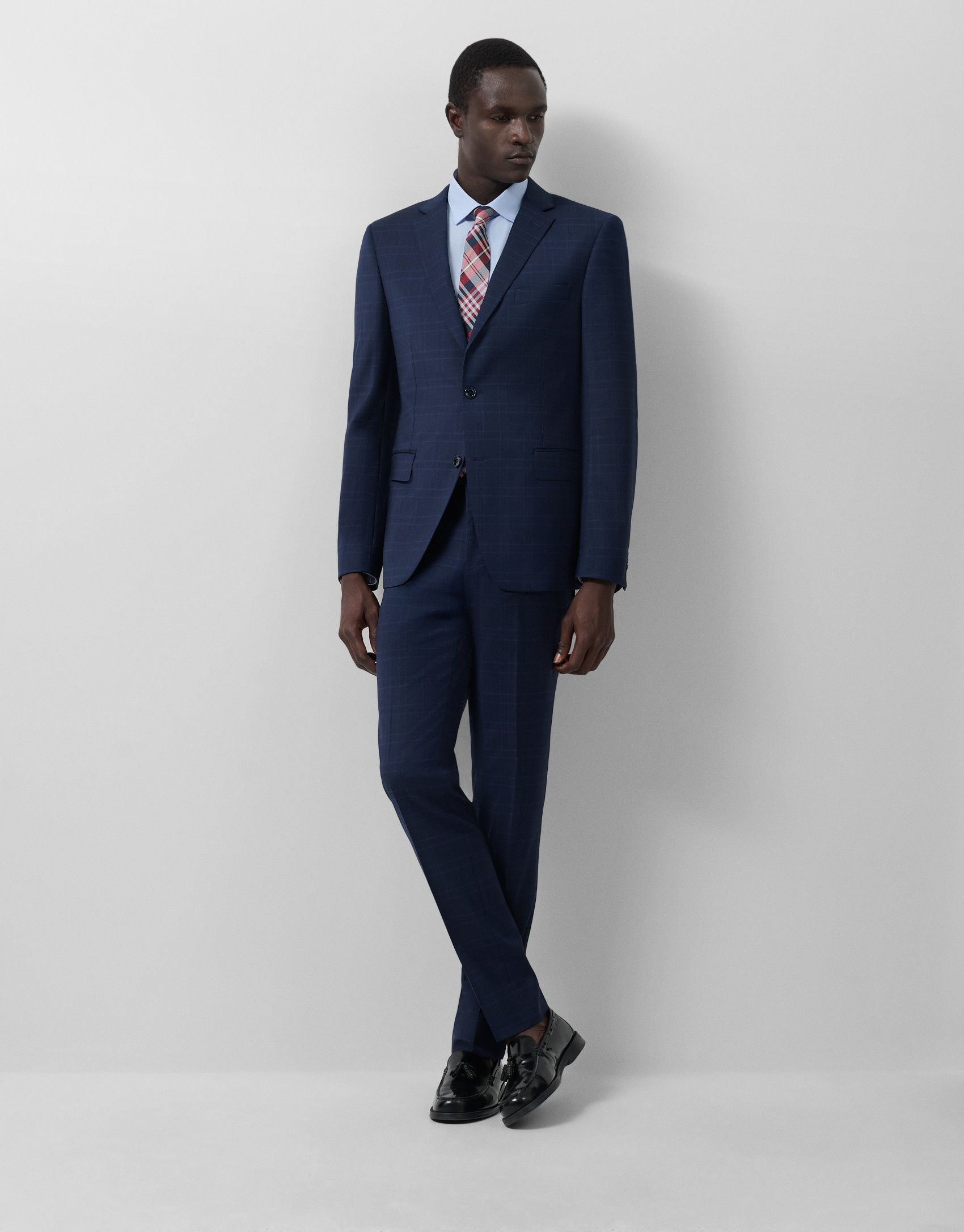 Half canvas slim fit suit in navy blue check | Roberto Verino