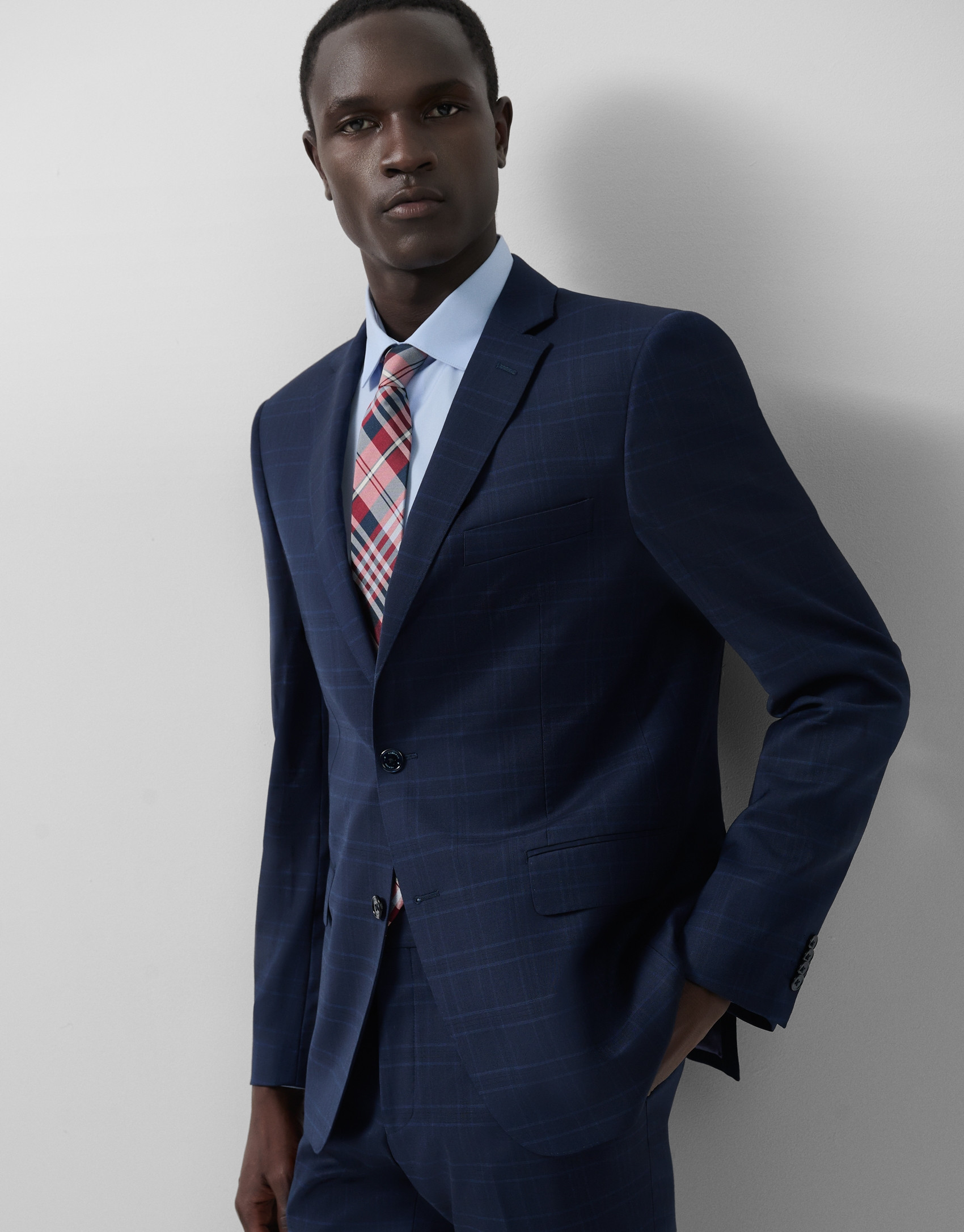 Half canvas slim fit suit in navy blue check | Roberto Verino