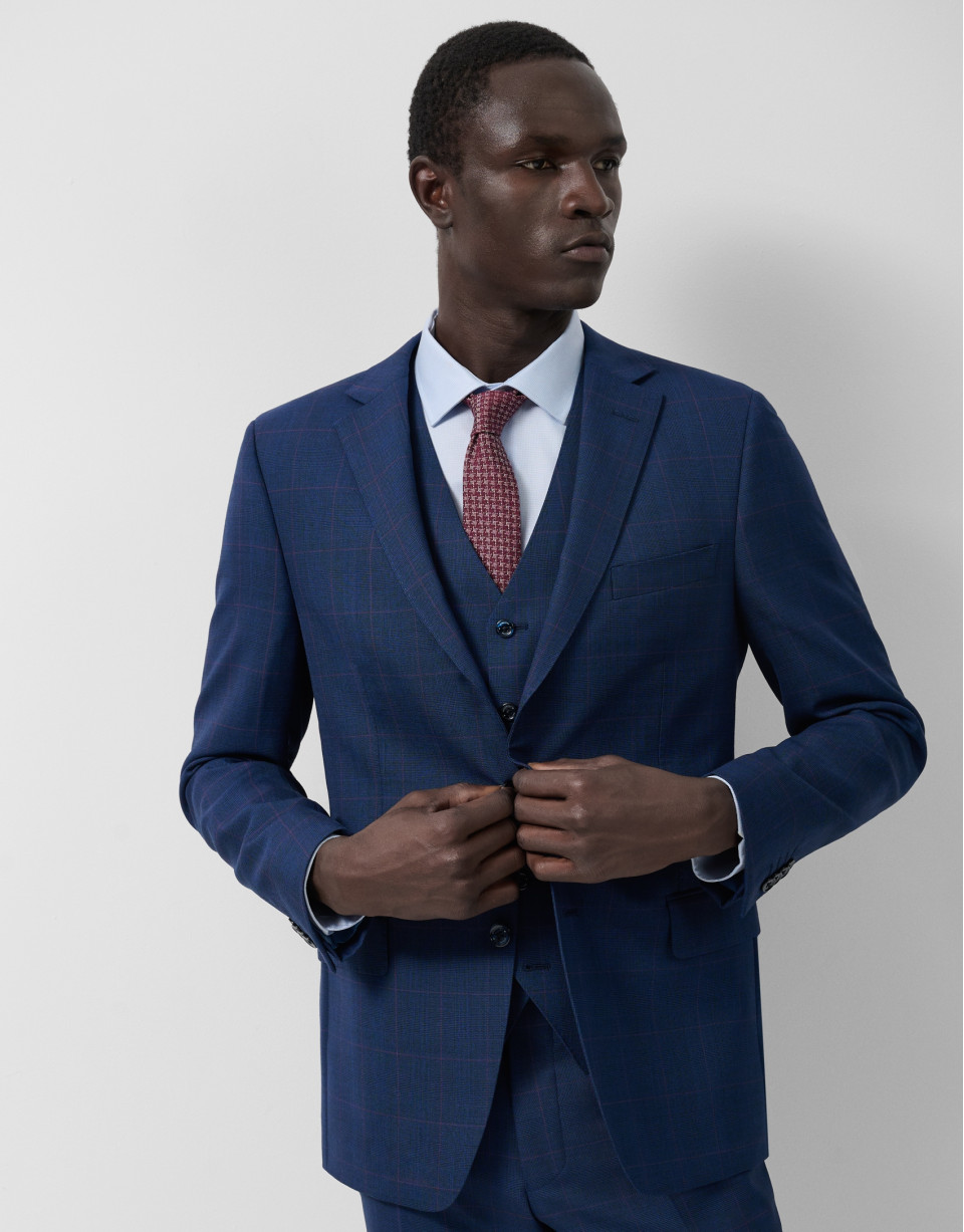 Half canvas slim fit suit in blue check with ... | Roberto Verino