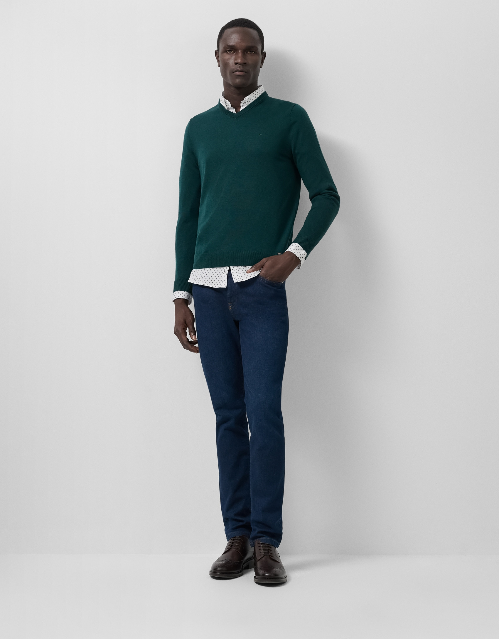 Jersey cuello pico color verde oscuro - Hombre | Roberto Verino