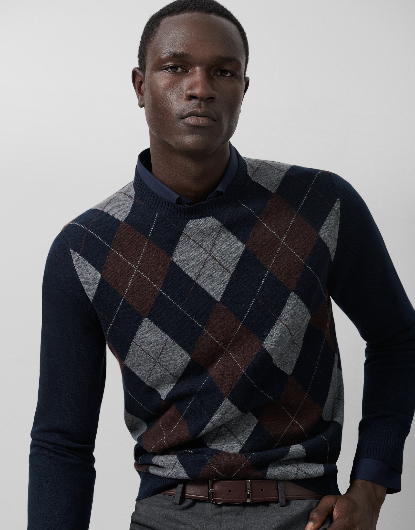 Navy/Grey/Brown Diamond Sweater - Man - AW2025 | Roberto Verino