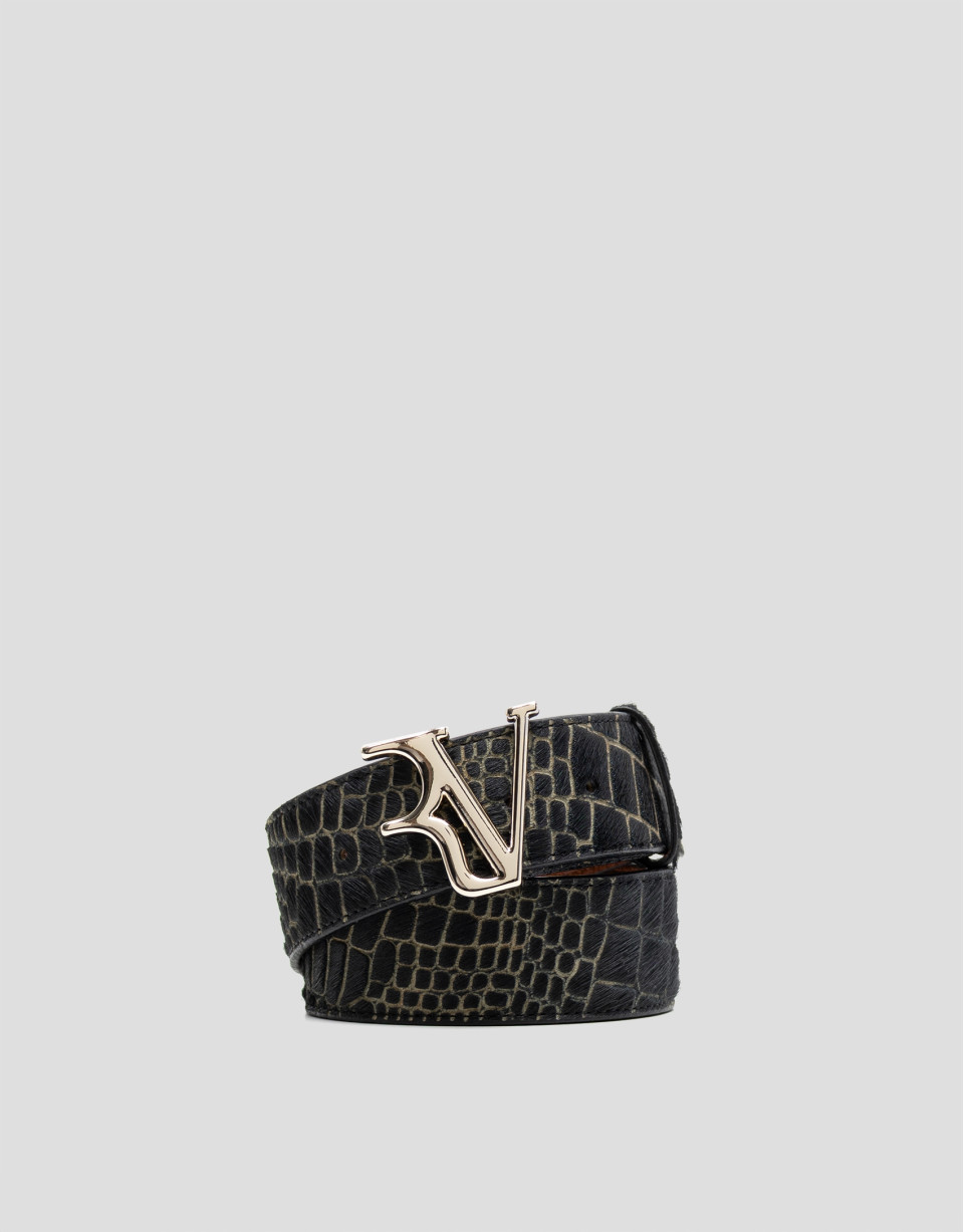 Black crocodile-embossed leather belt - Woman | Roberto Verino