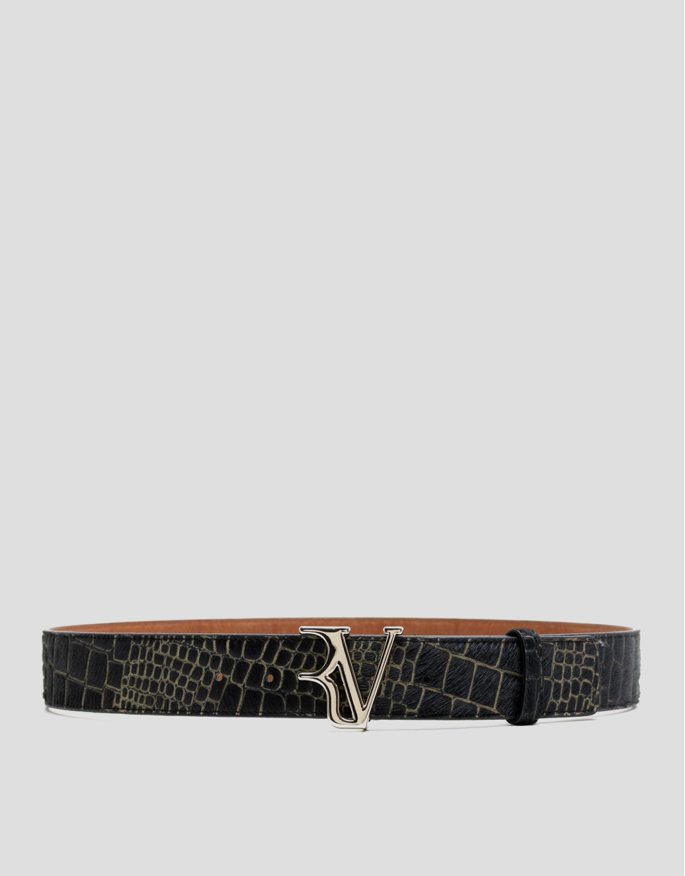 Black crocodile-embossed leather belt - Woman | Roberto Verino