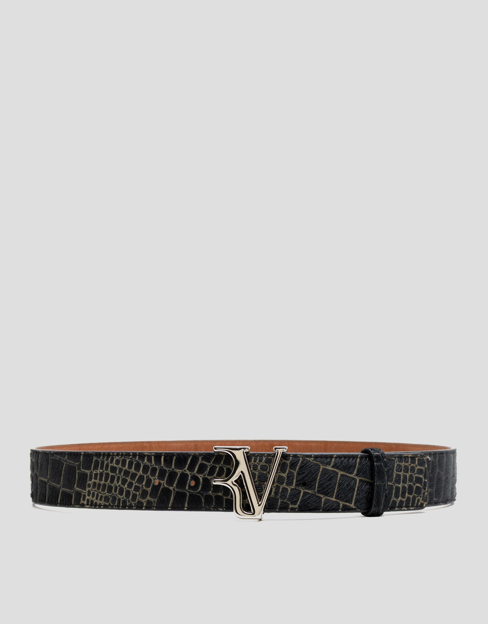 Black crocodile-embossed leather belt - Woman | Roberto Verino