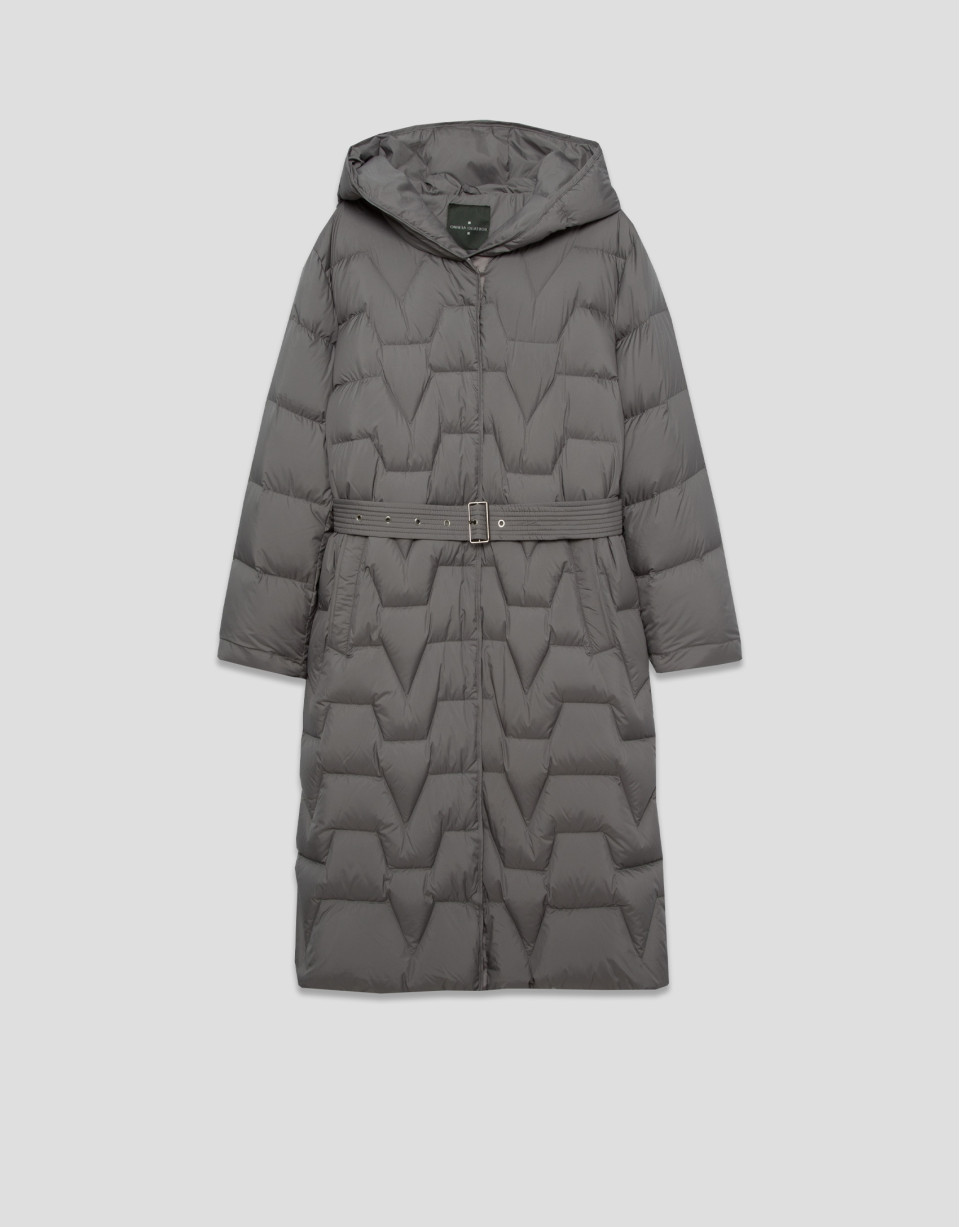 Long down jacket with grey hood - Woman | Roberto Verino