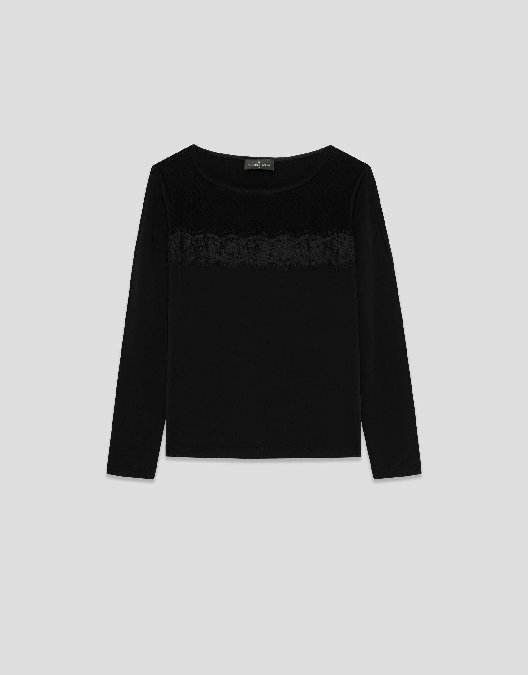 Camiseta manga larga negra con tul plumeti | Roberto Verino