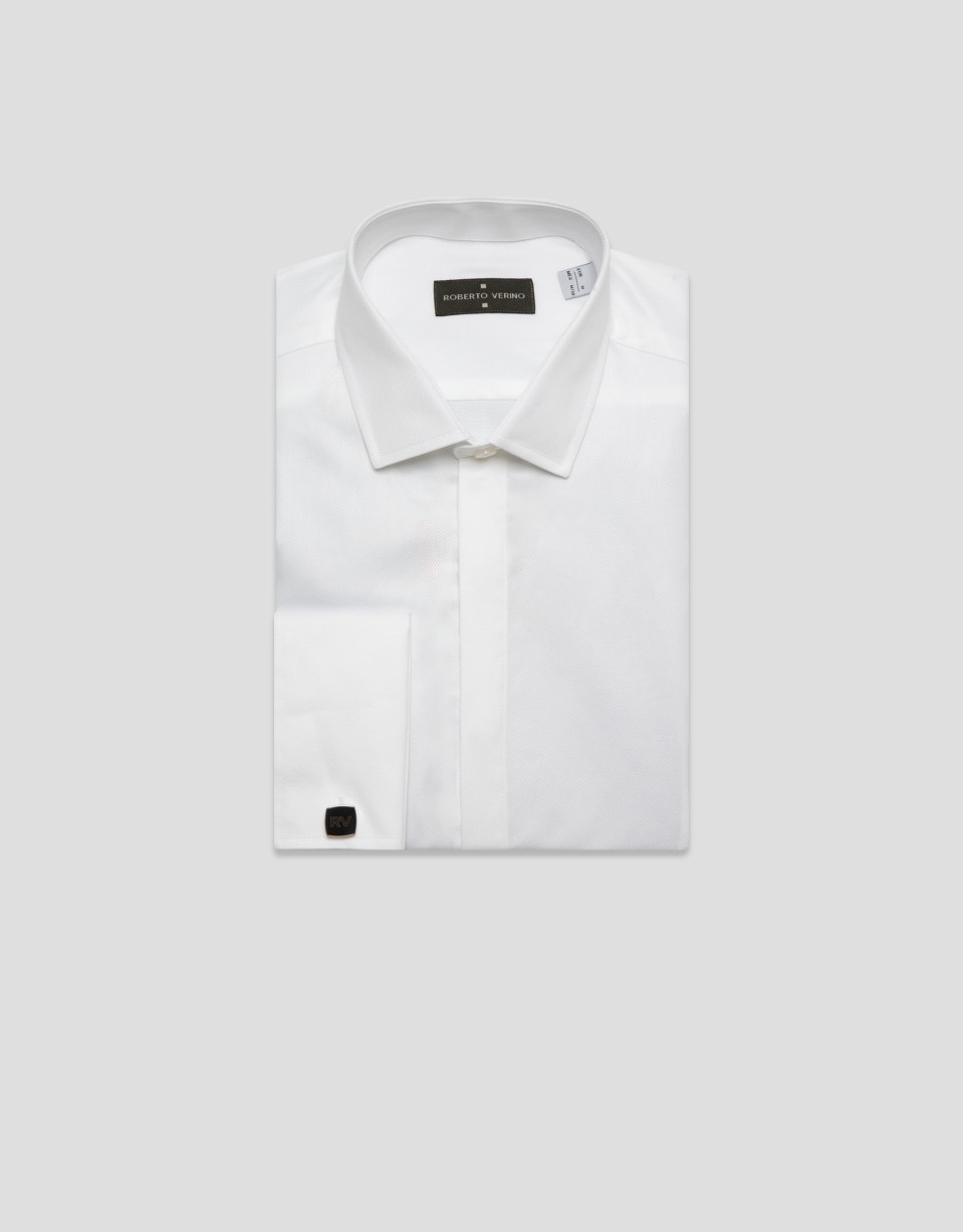 Slim-fit white diamond dress shirt with twin ... | Roberto Verino