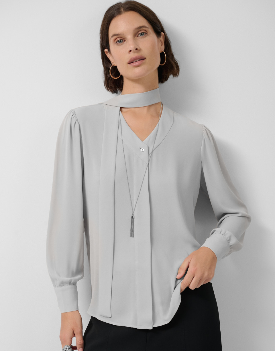 Oversized gray bow-neck blouse - Woman - AW2025 | Roberto Verino