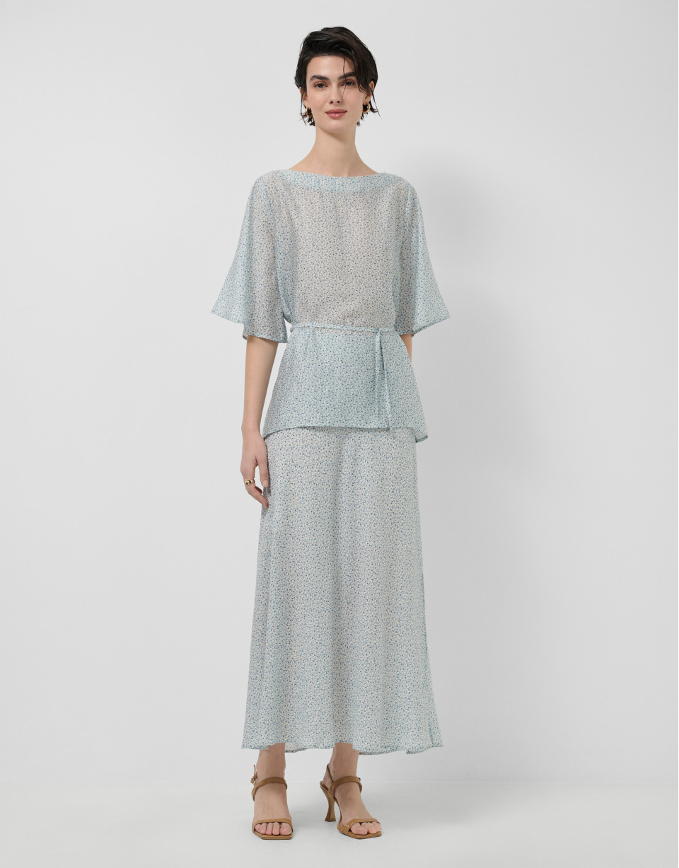 Midi skirt with slits in blue-toned printed ... | Roberto Verino