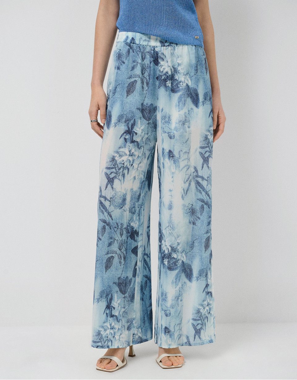 Blue floral print crepe palazzo trousers | Roberto Verino