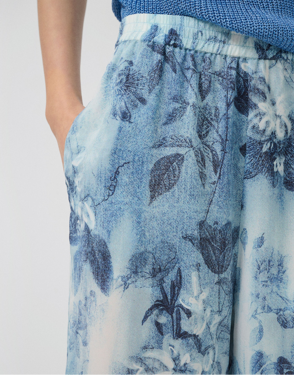 Blue floral print crepe palazzo trousers | Roberto Verino