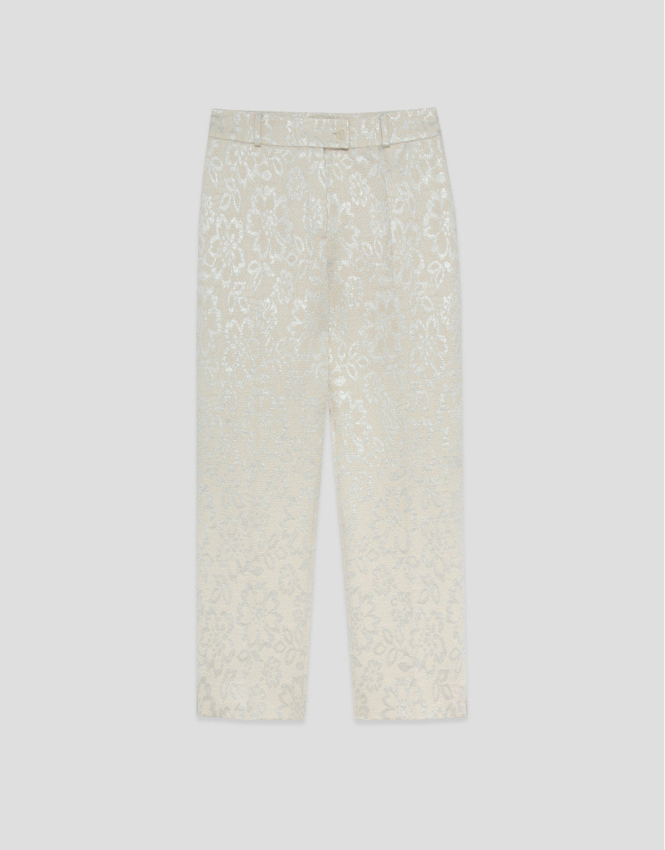Beige straight-leg trousers with floral ... | Roberto Verino