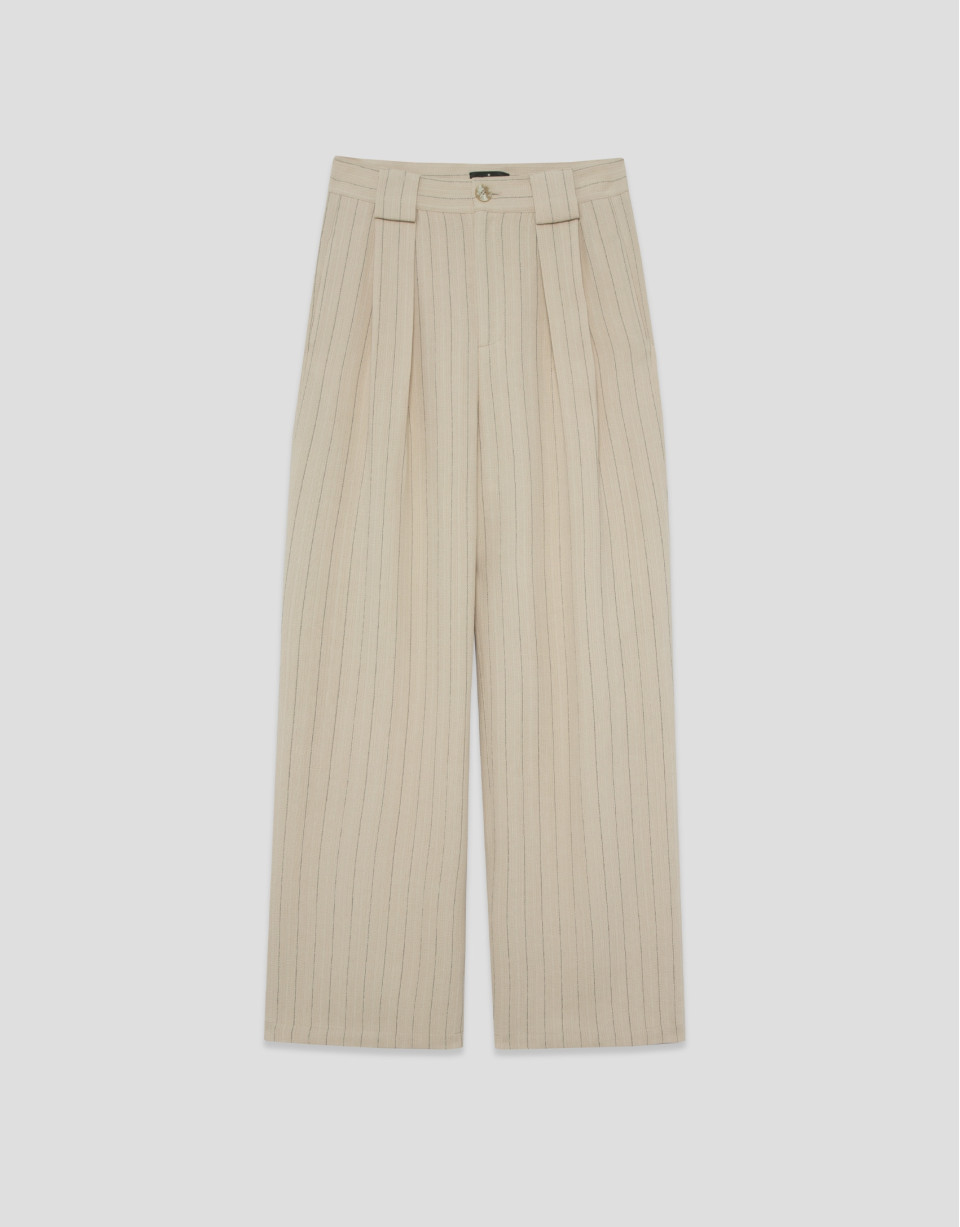 Beige pleated trousers with black pinstripes | Roberto Verino