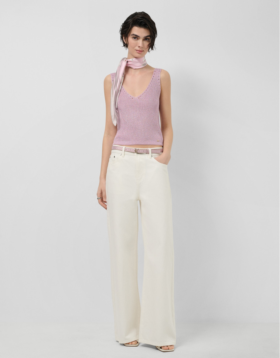 Customised wide-leg ecru jeans with waistband | Roberto Verino