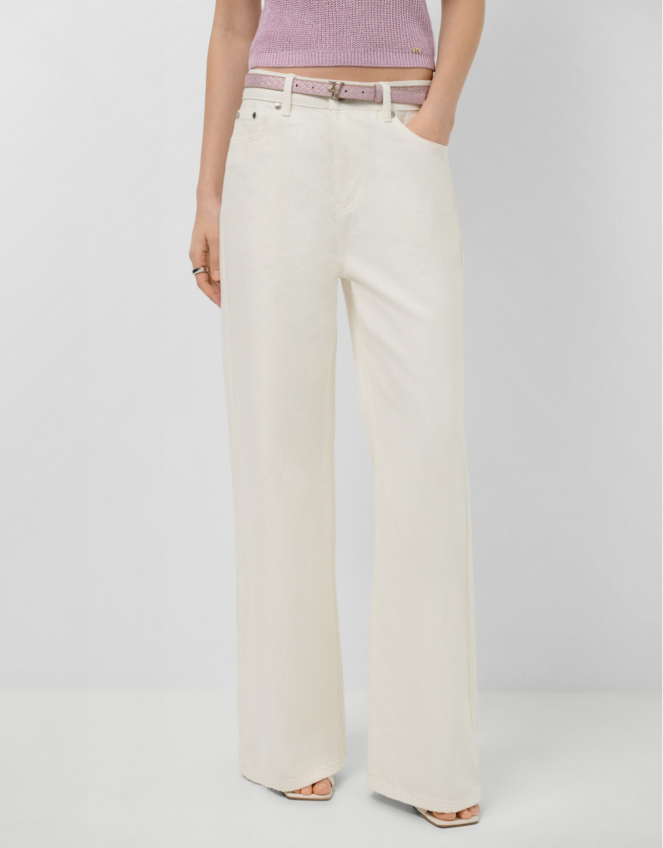 Customised wide-leg ecru jeans with waistband | Roberto Verino