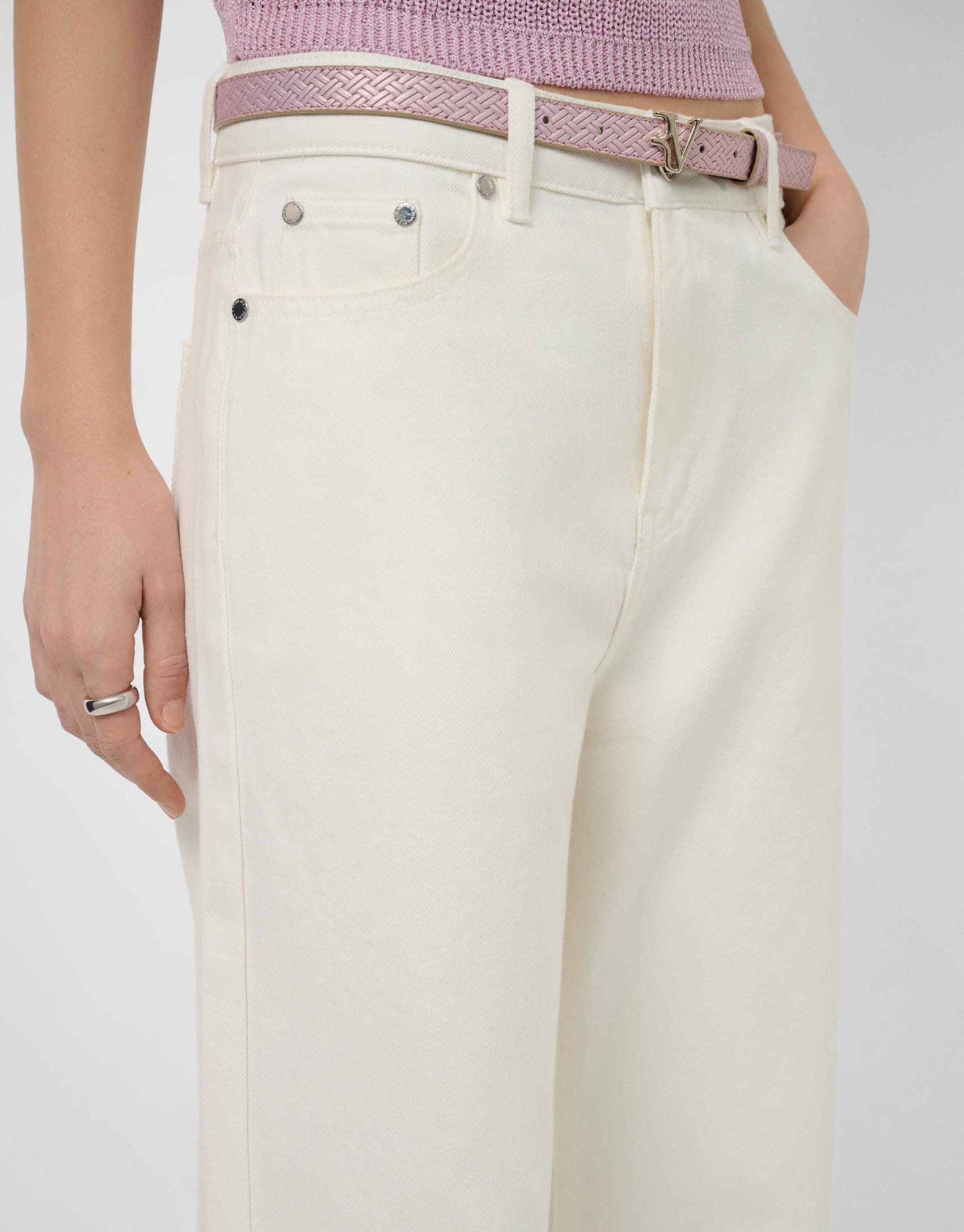 Customised wide-leg ecru jeans with waistband | Roberto Verino