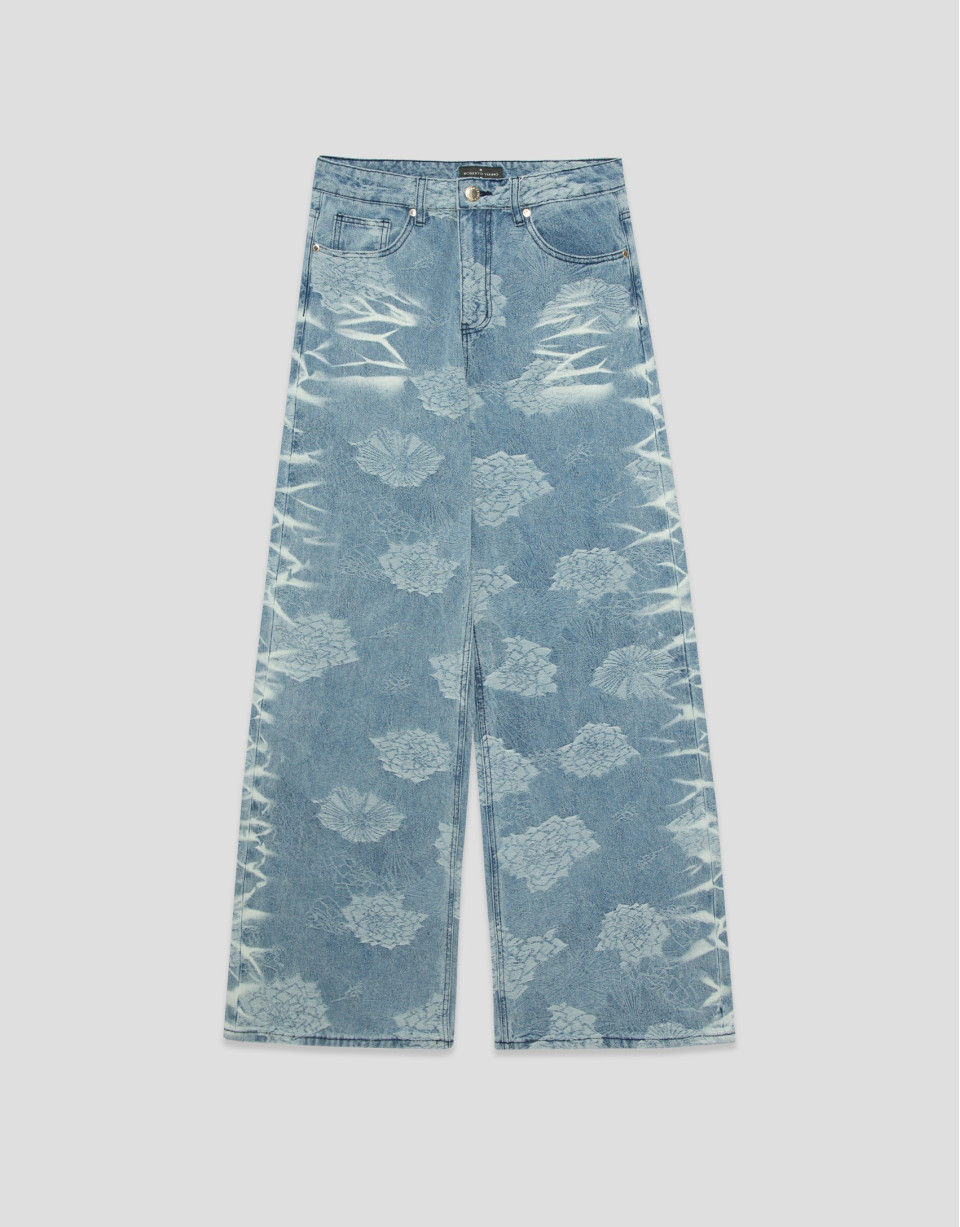 Pantalón vaquero ancho azul con jacquard y ... | Roberto Verino