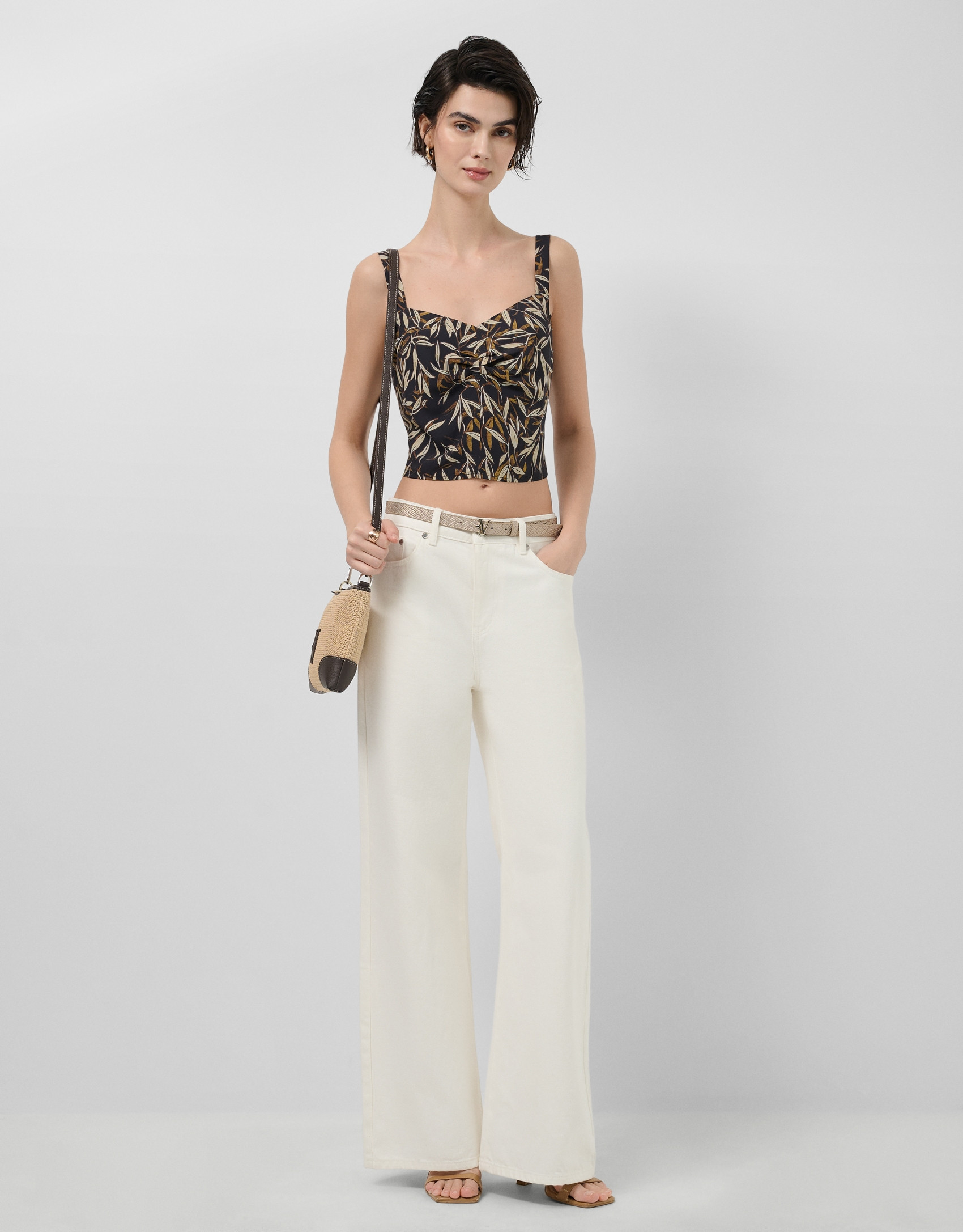 Brown leaf print crepe crop top - Woman | Roberto Verino