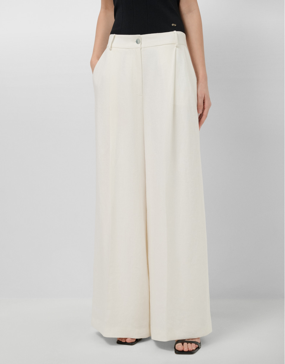 Pantalón ancho con pinzas mezcla lino blanco... | Roberto Verino