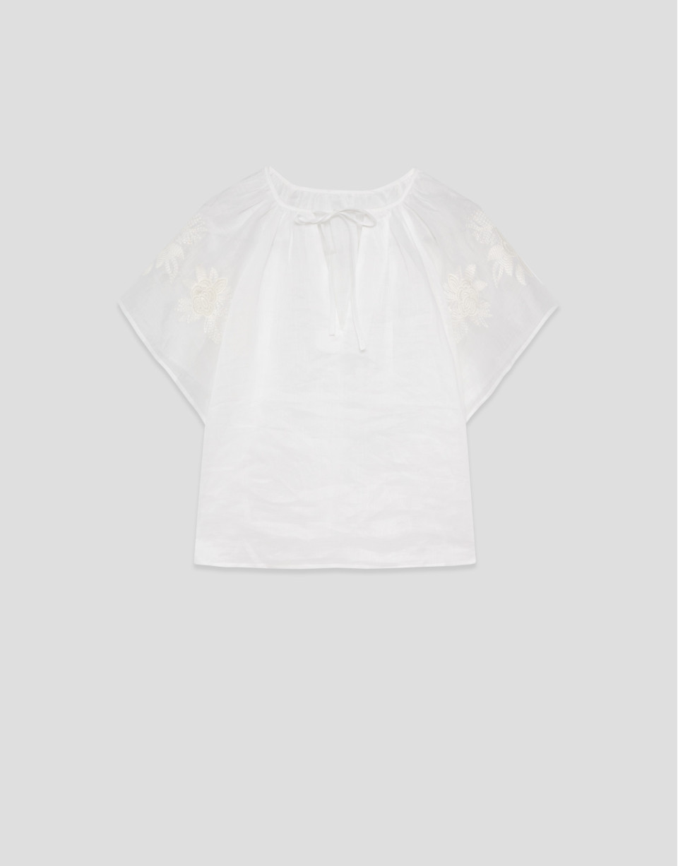 Blusa ramio blanco con bordado floral - Mujer | Roberto Verino