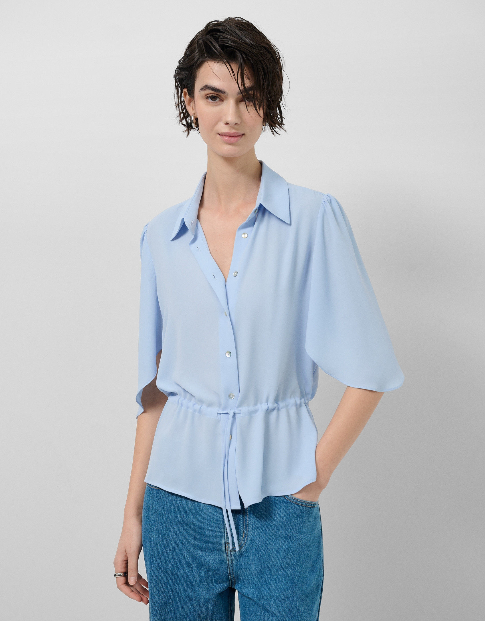 Blusa manga volante con cintura fruncida azul... | Roberto Verino